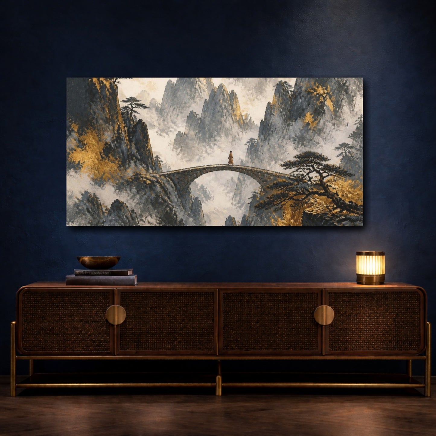 Mockup 4. Monk On Mountain Bridge shown as canvas print
