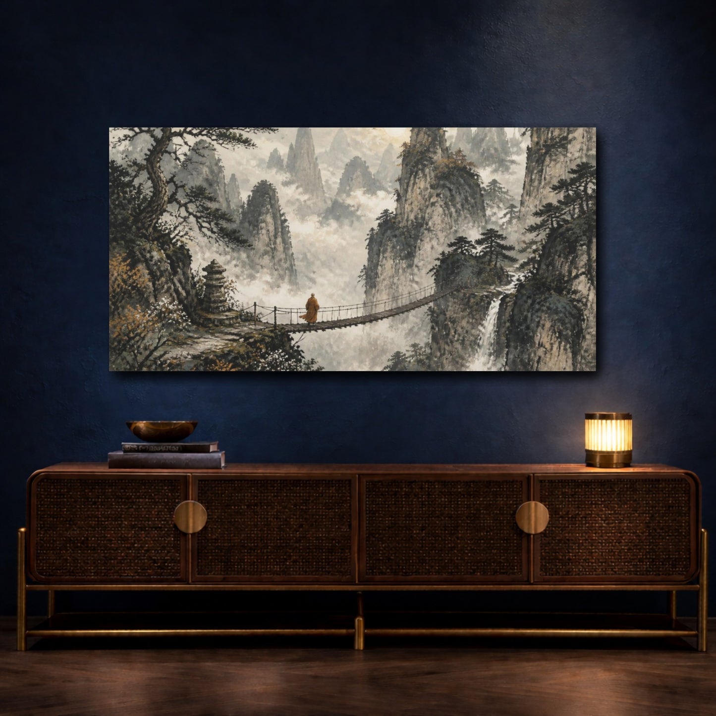 Mockup 4. Monk On Mountain Bridge shown as canvas print
