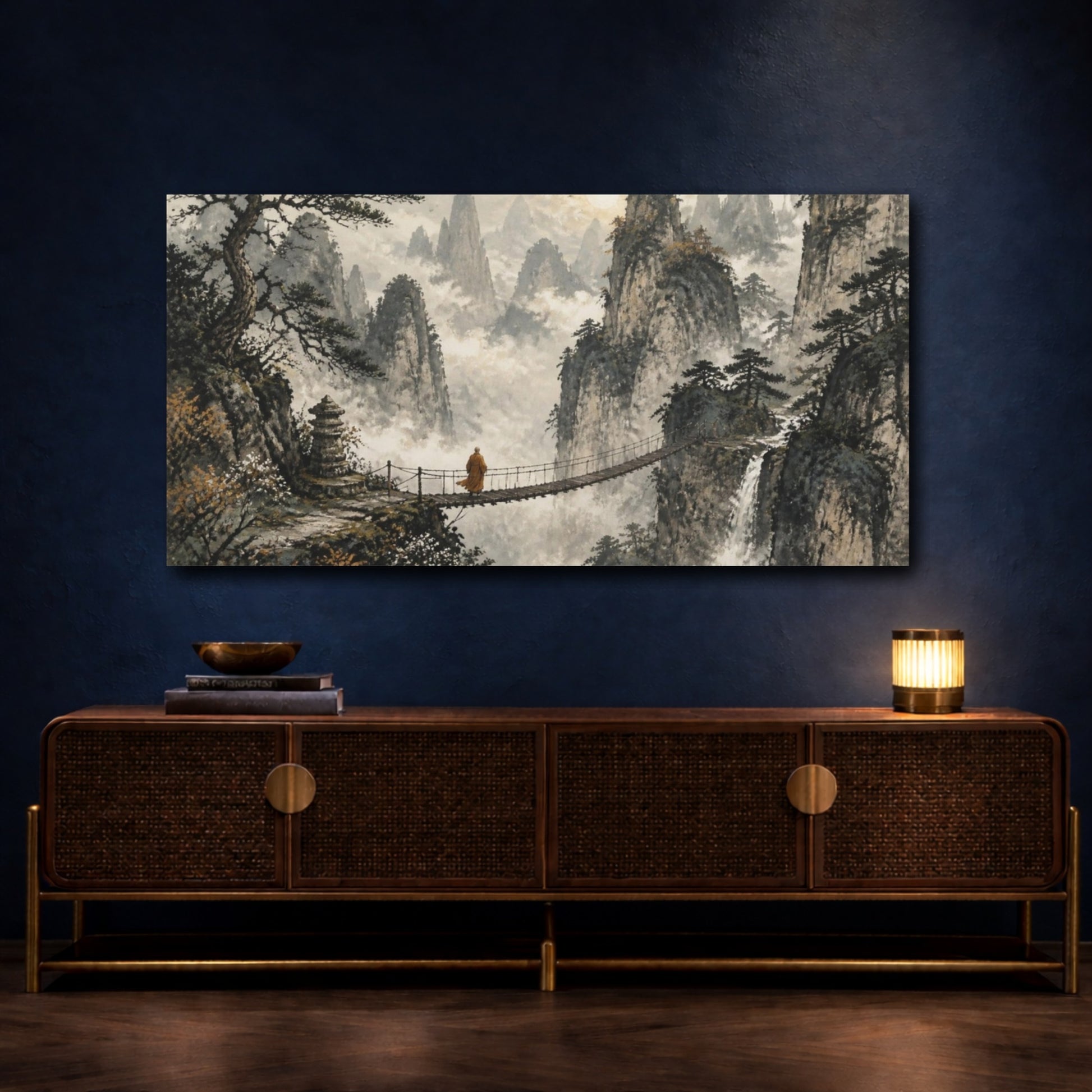 Mockup 4. Monk On Mountain Bridge shown as canvas print