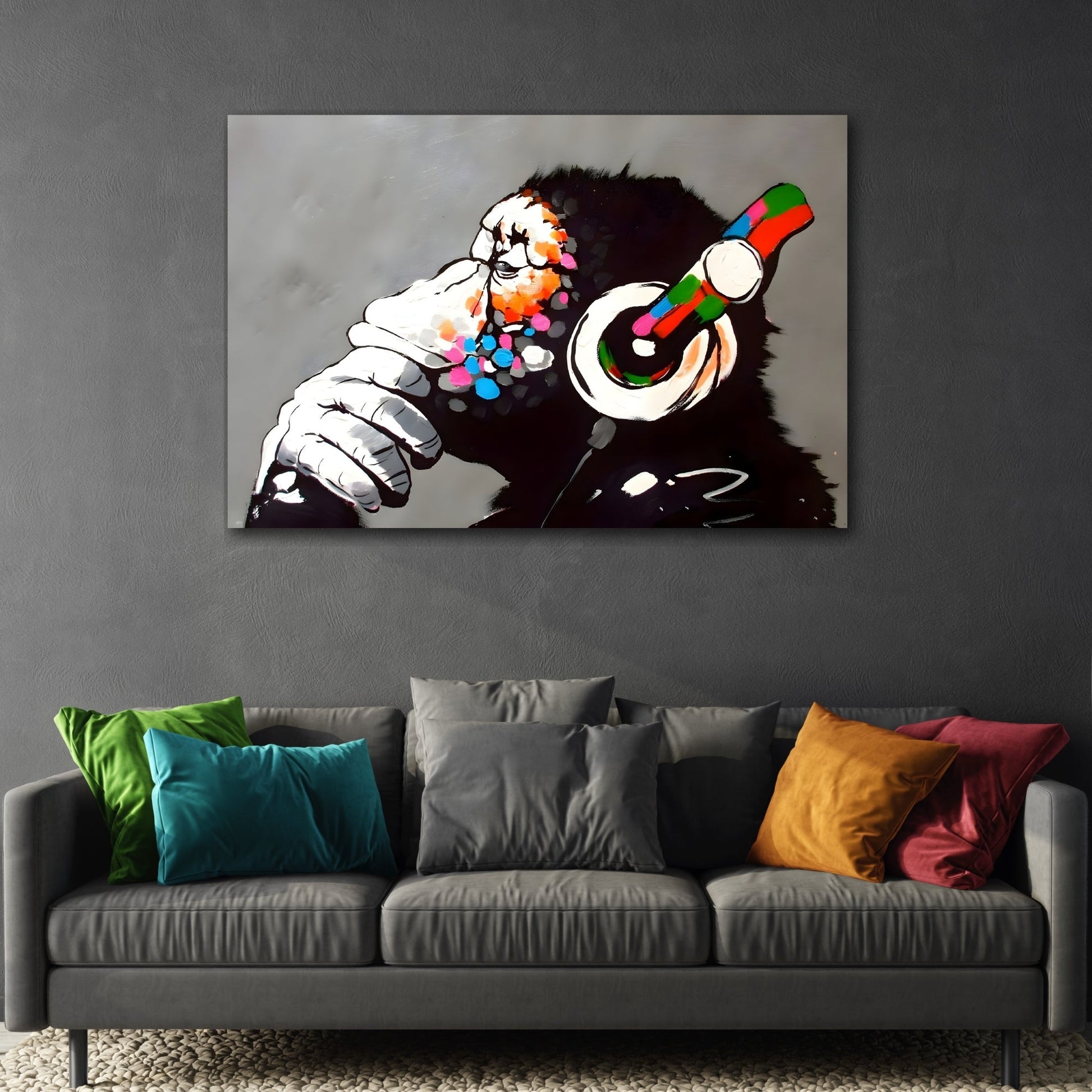Monkey Banksy DJ Graffiti Canvas - Funny Thinking Music Gorilla Wall Art - YesArtYes