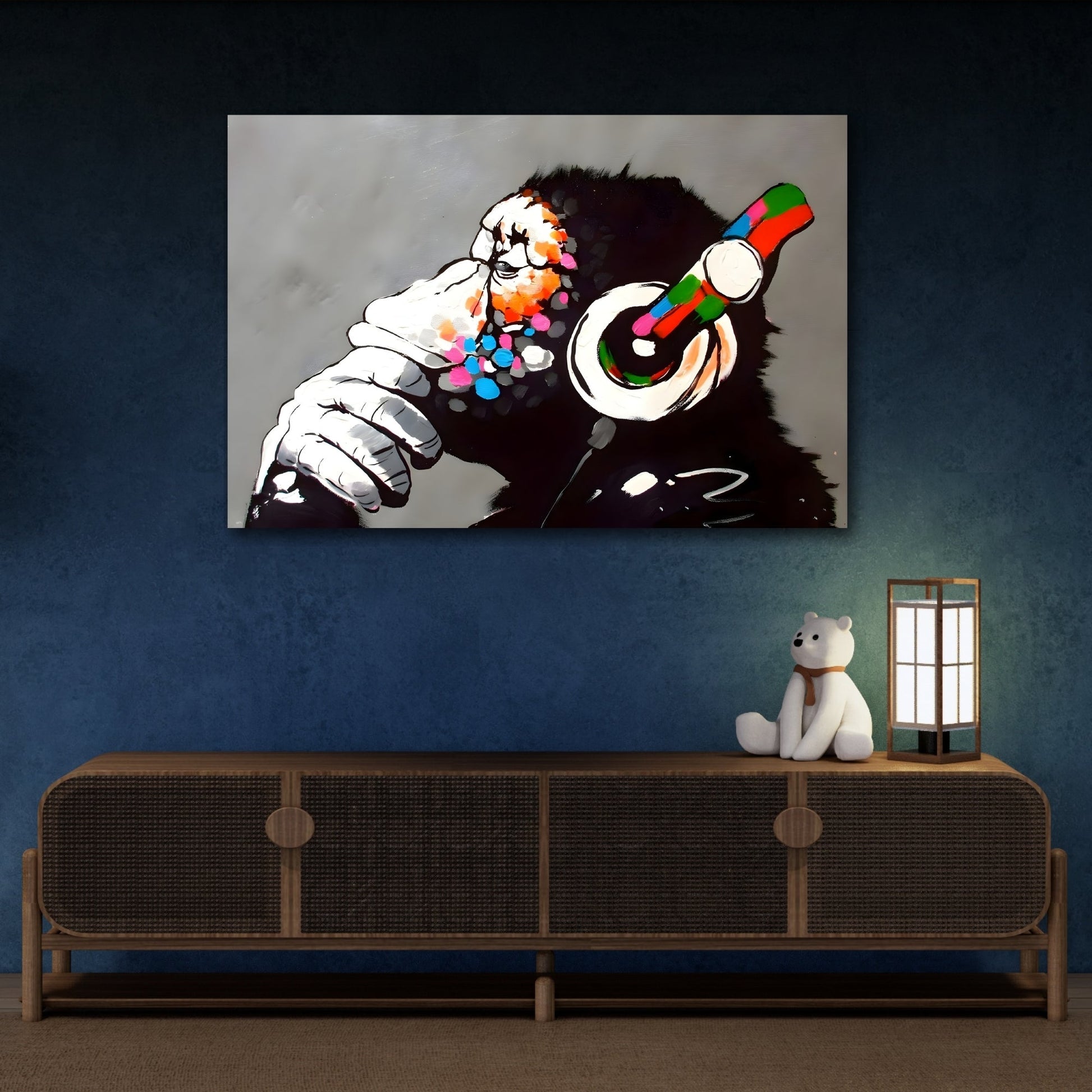 Monkey Banksy DJ Graffiti Canvas - Funny Thinking Music Gorilla Wall Art - YesArtYes