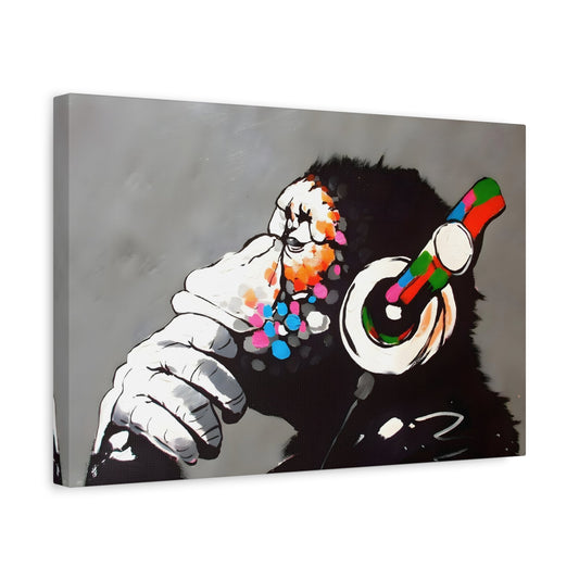 Monkey Banksy DJ Graffiti Canvas - Funny Thinking Music Gorilla Wall Art - YesArtYes