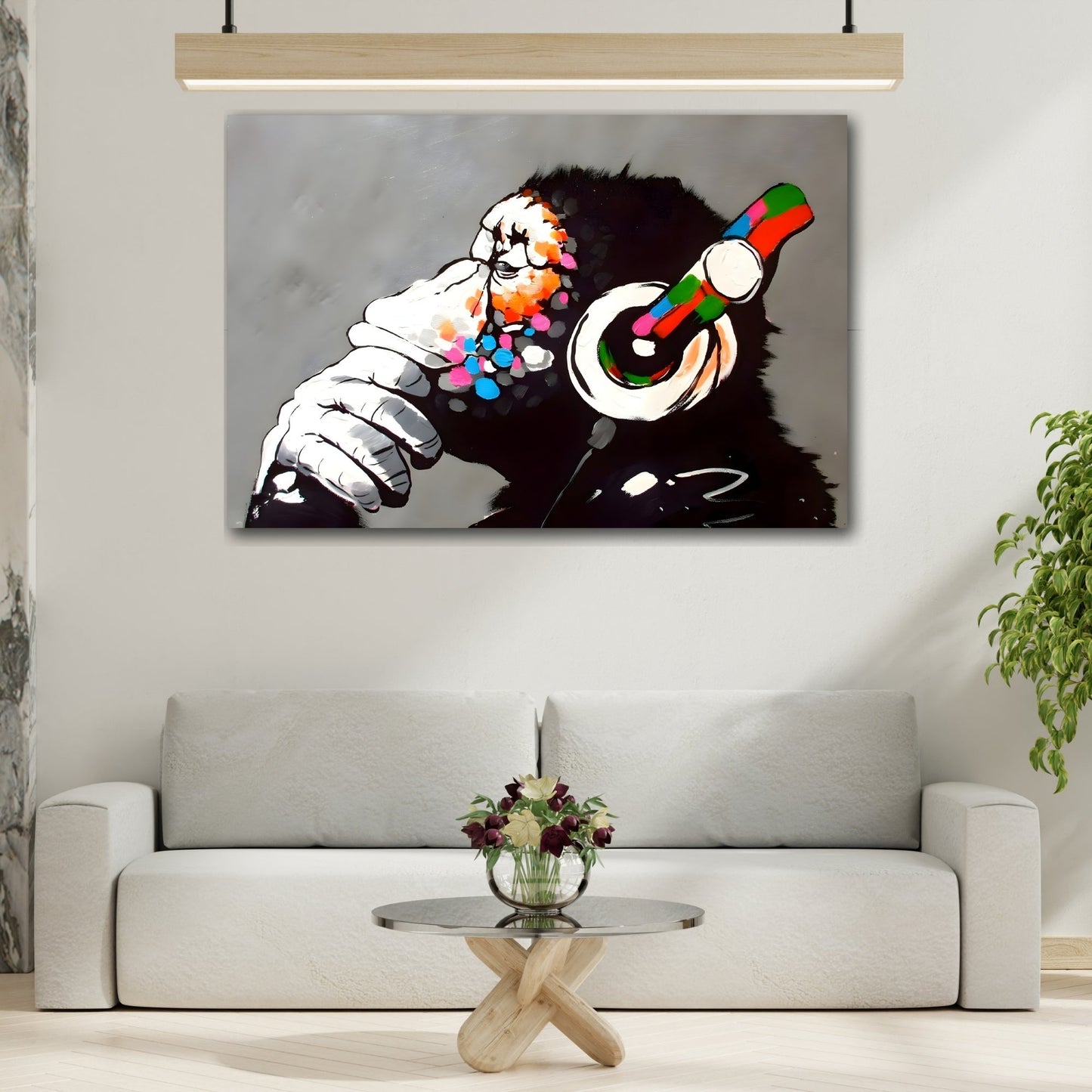 Monkey Banksy DJ Graffiti Canvas - Funny Thinking Music Gorilla Wall Art - YesArtYes