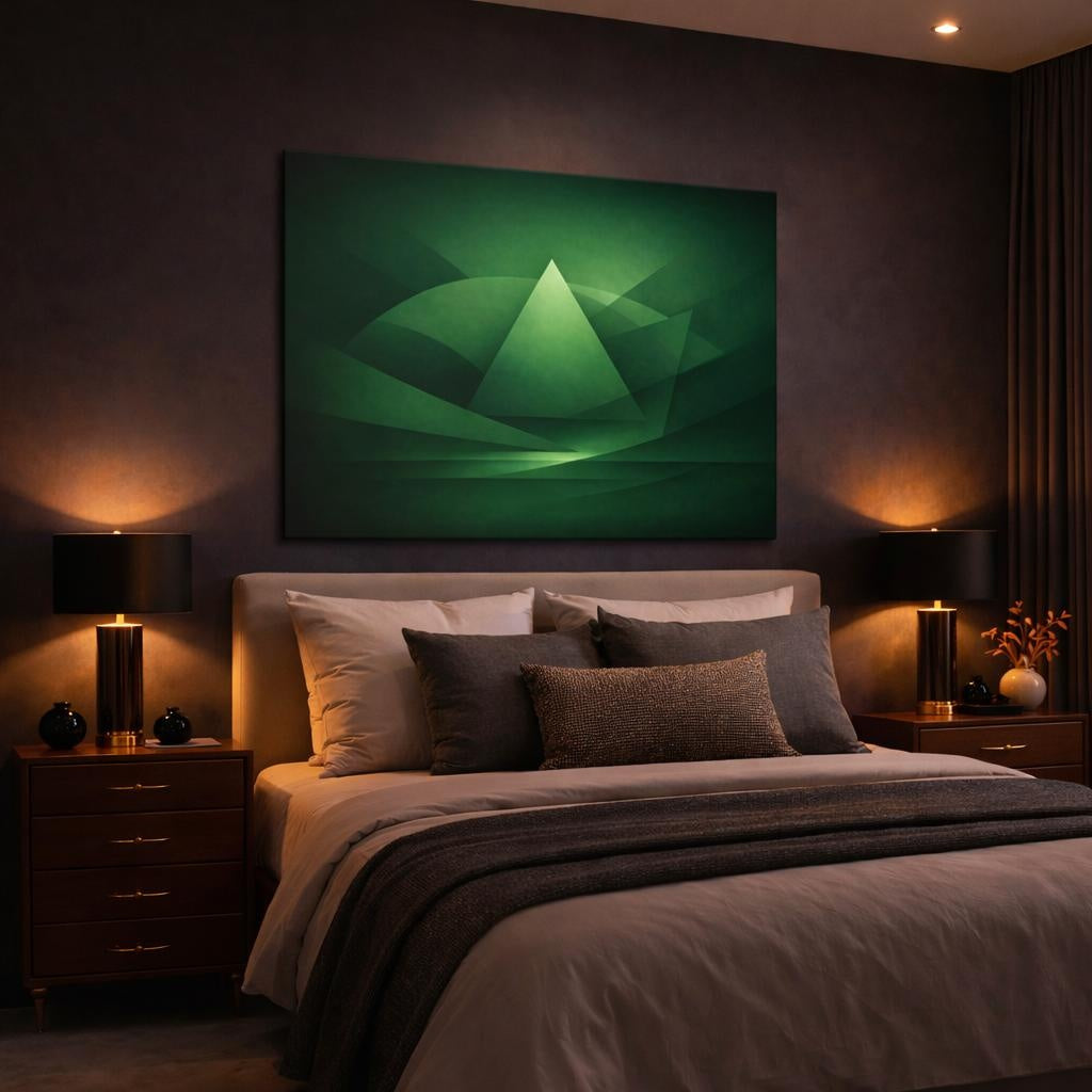 Mono Luxury Abstract Green shown as canvas wall art in a luxury bedroom