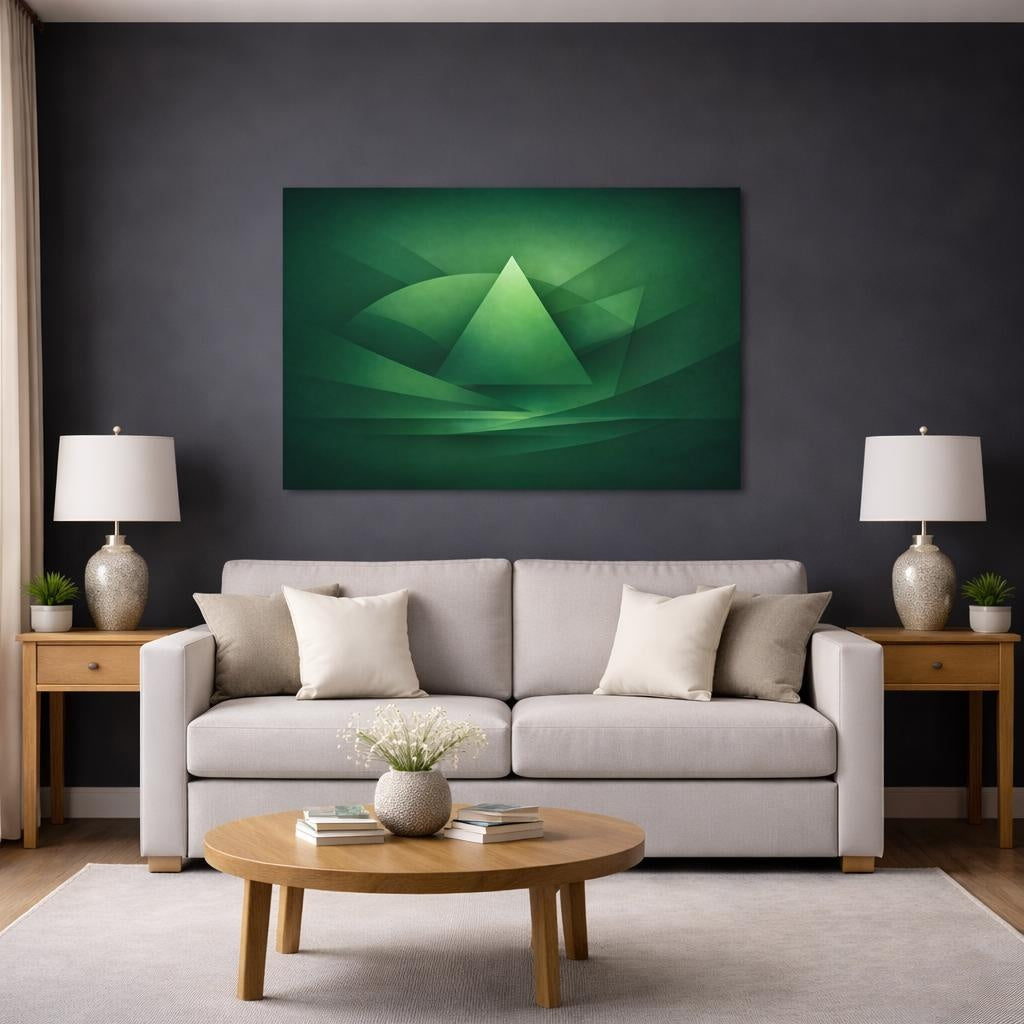 Mono Luxury Abstract Green shown as canvas wall art in a modern living room