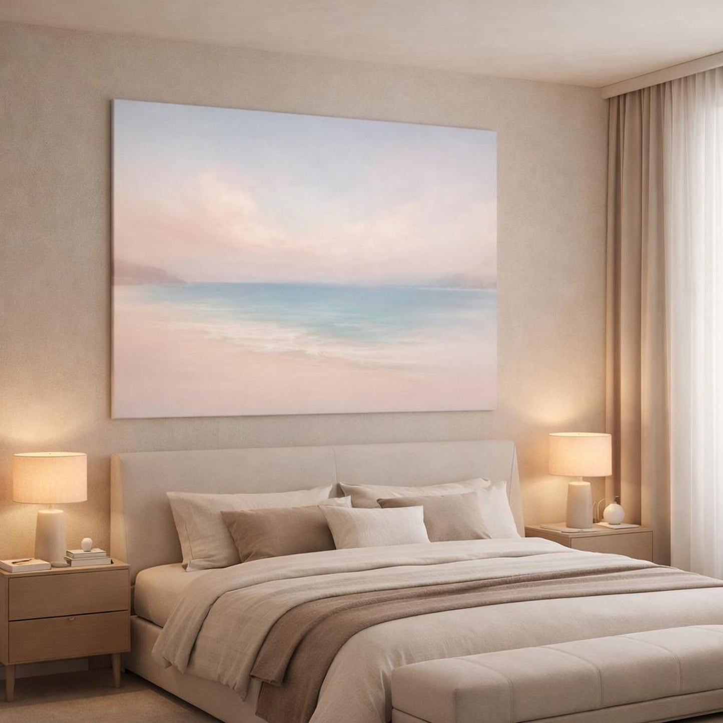 Mono Luxury Beach Pastel shown as canvas wall art in a luxury bedroom