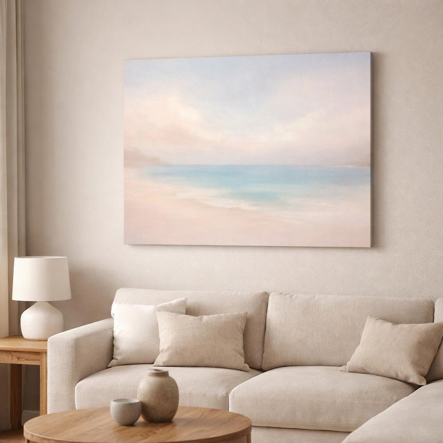 Mono Luxury Beach Pastel shown as canvas wall art in a modern living room
