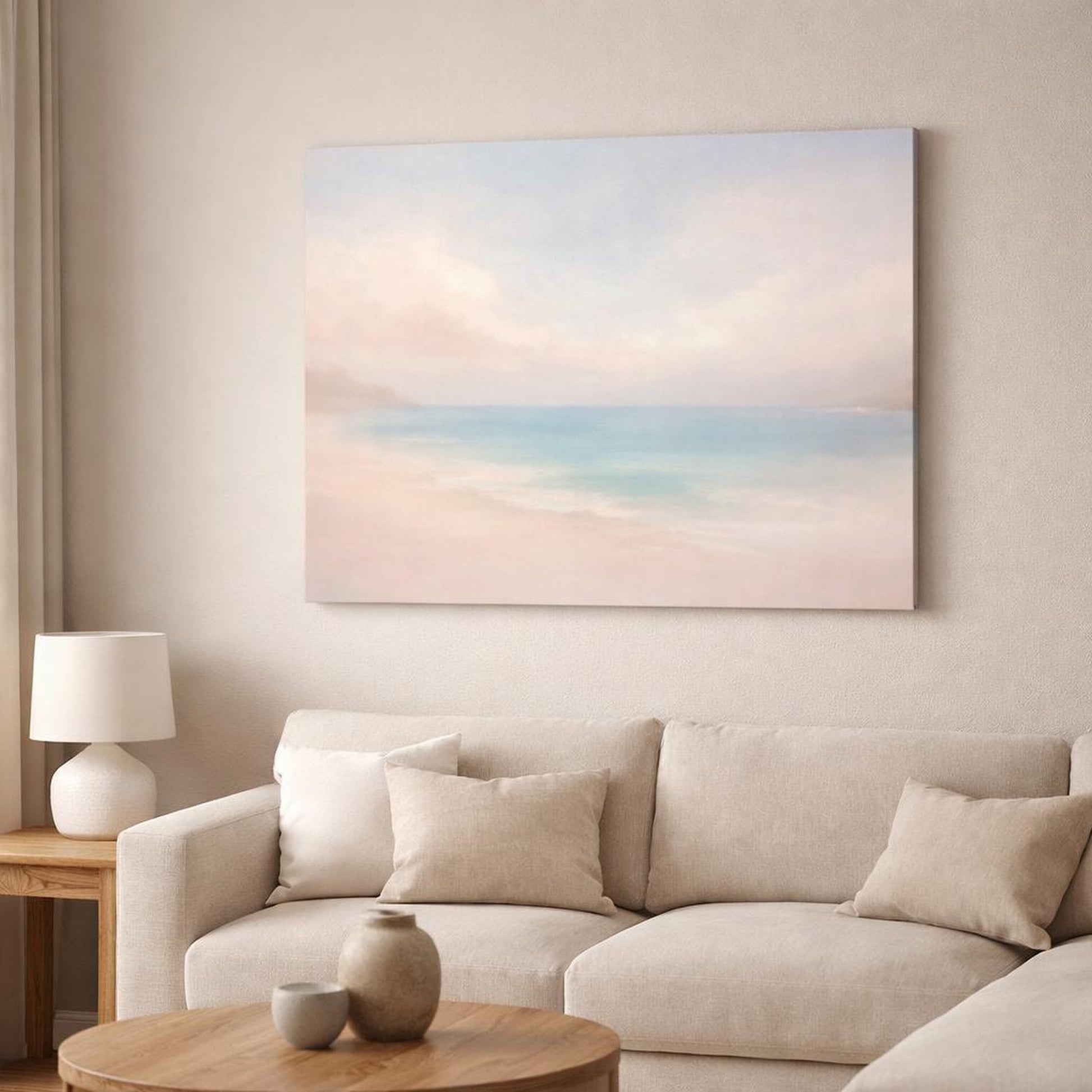 Mono Luxury Beach Pastel shown as canvas wall art in a modern living room