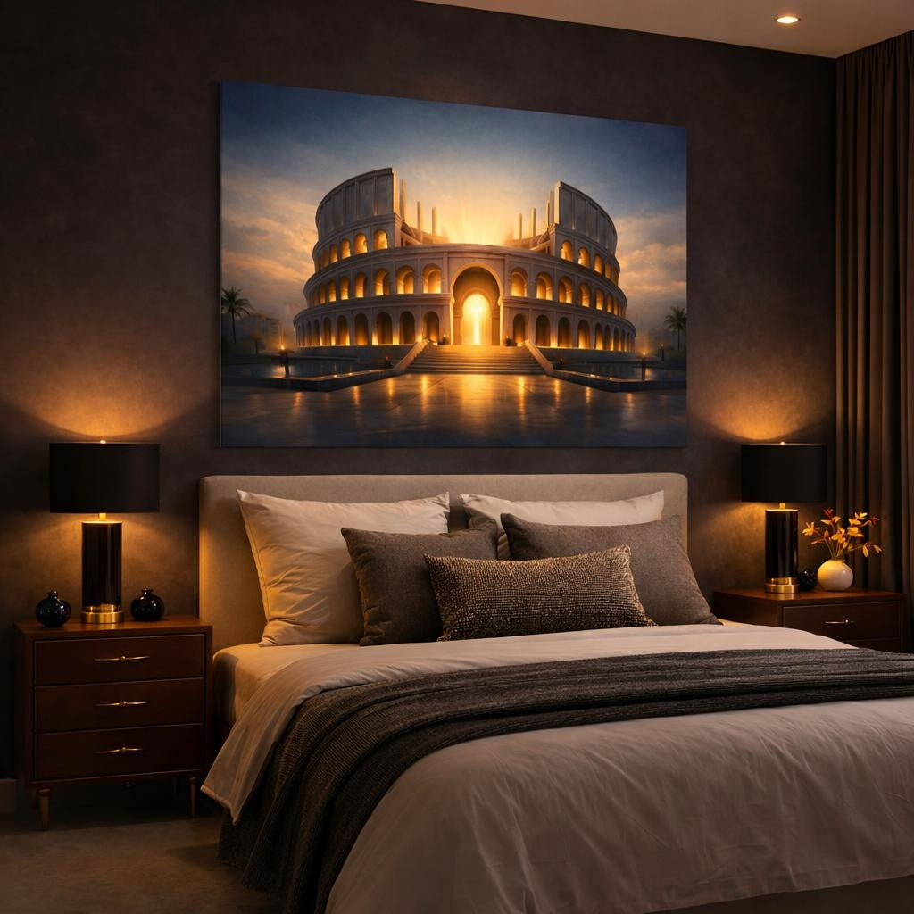 Mono Luxury Colosseum shown as canvas wall art in a luxury bedroom