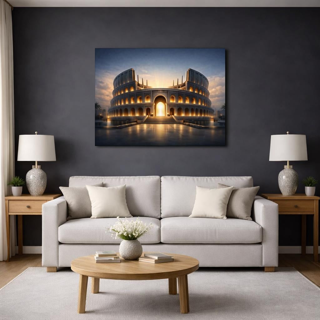 Mono Luxury Colosseum shown as canvas wall art in a modern living room