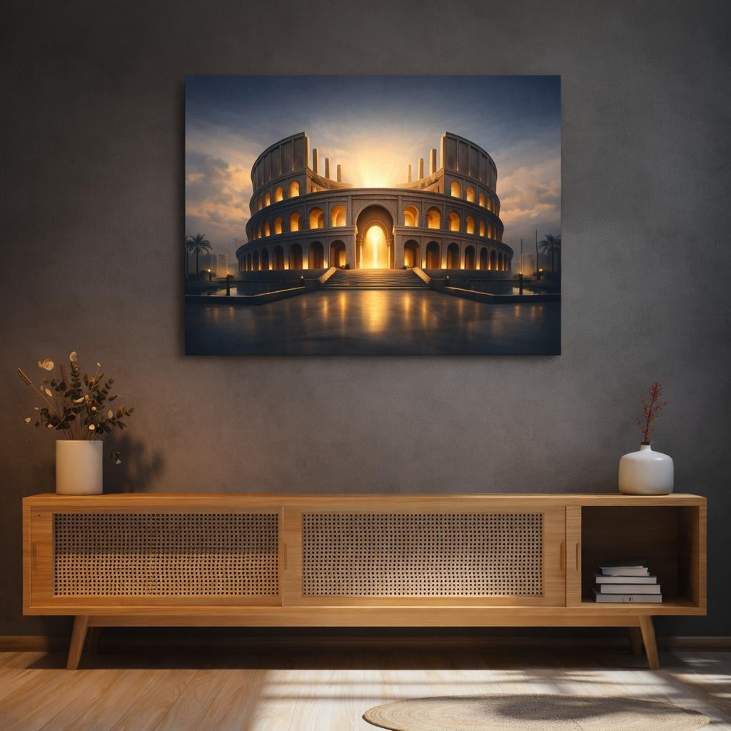 Mono Luxury Colosseum shown as canvas wall art in a refined dining room
