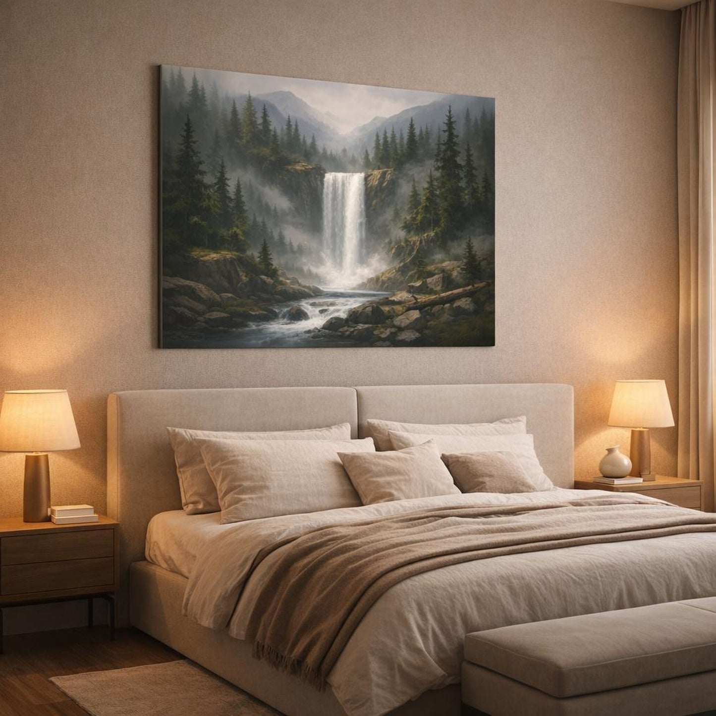 Mono Luxury Foggy Forest shown as canvas wall art in a luxury bedroom