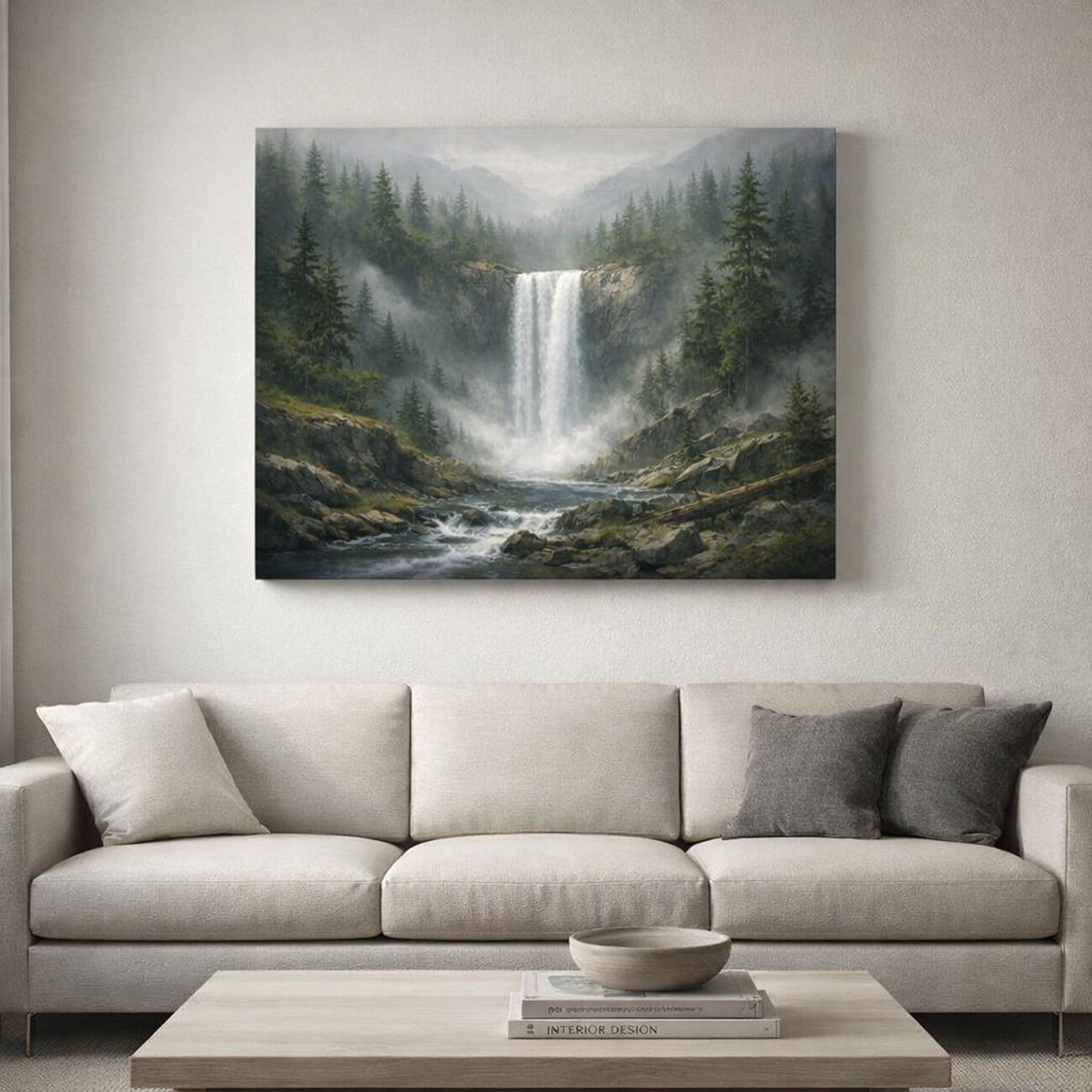 Mono Luxury Foggy Forest shown as canvas wall art in a refined dining room