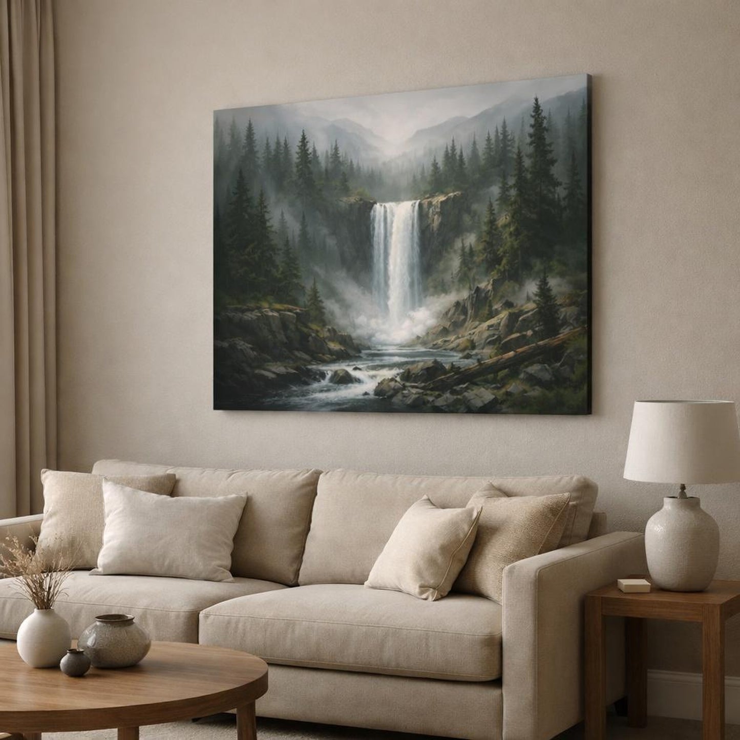 Mono Luxury Foggy Forest shown as canvas wall art in a modern living room