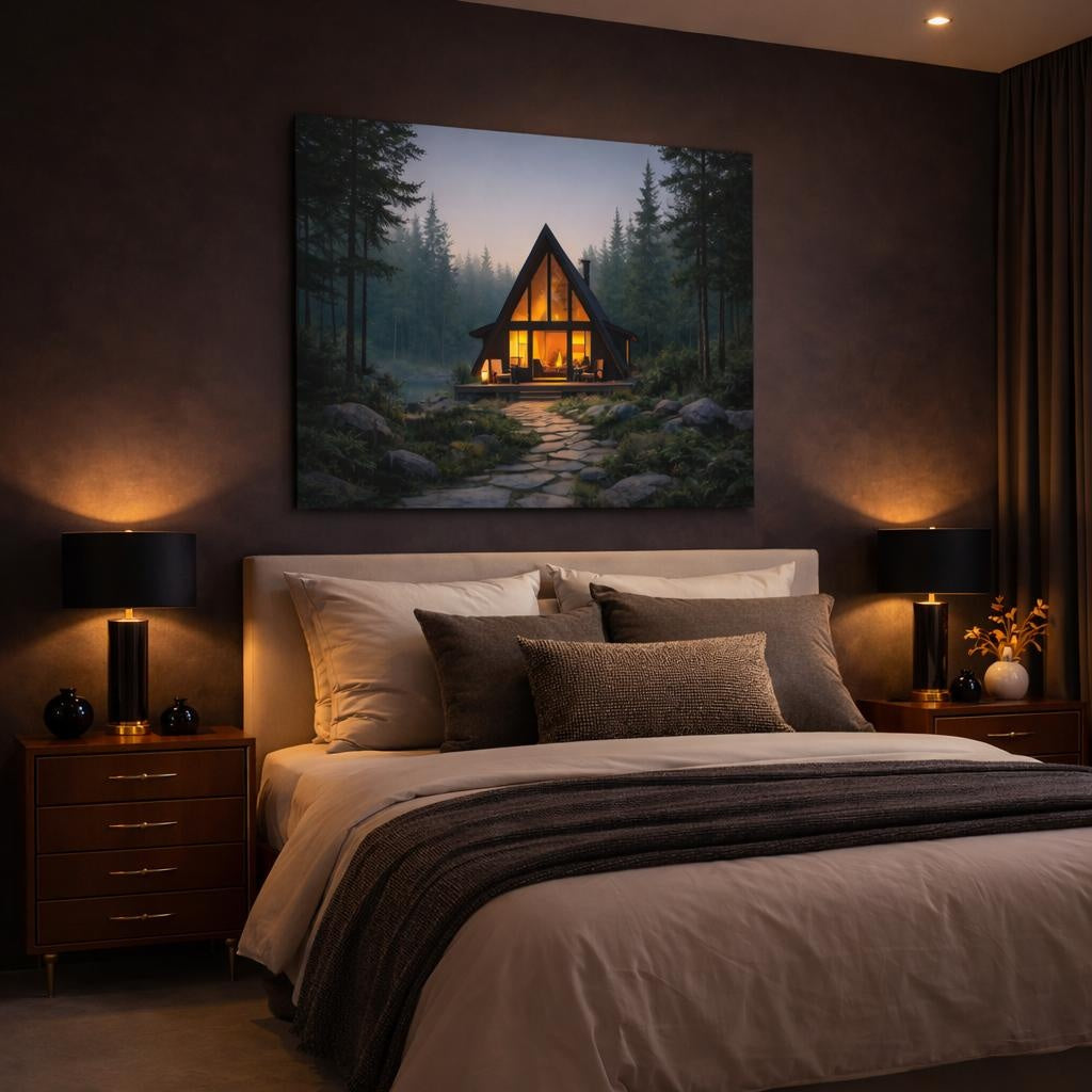 Mono Luxury Forest Cabin Path shown as canvas wall art in a luxury bedroom