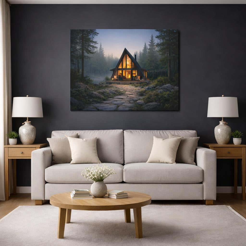 Mono Luxury Forest Cabin Path shown as canvas wall art in a modern living room