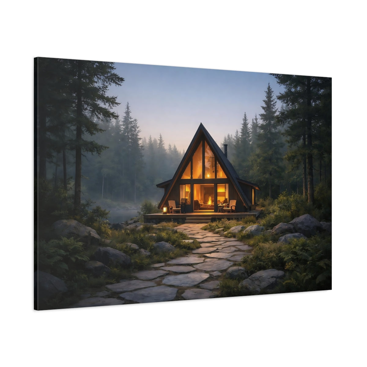 Mono Luxury Forest Cabin Path shown as stretched canvas wall art