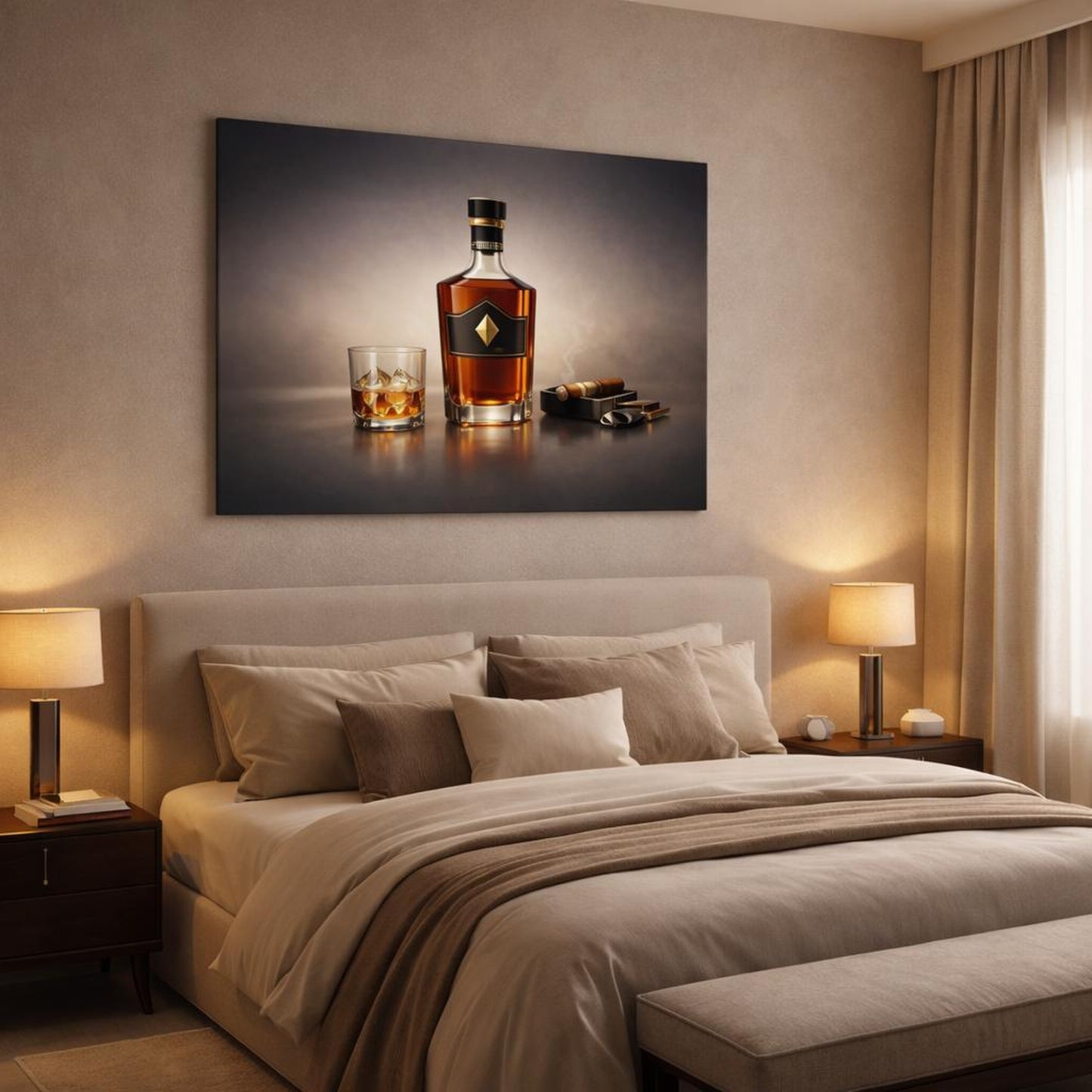 Mono Luxury Good Spirits shown as canvas wall art in a luxury bedroom
