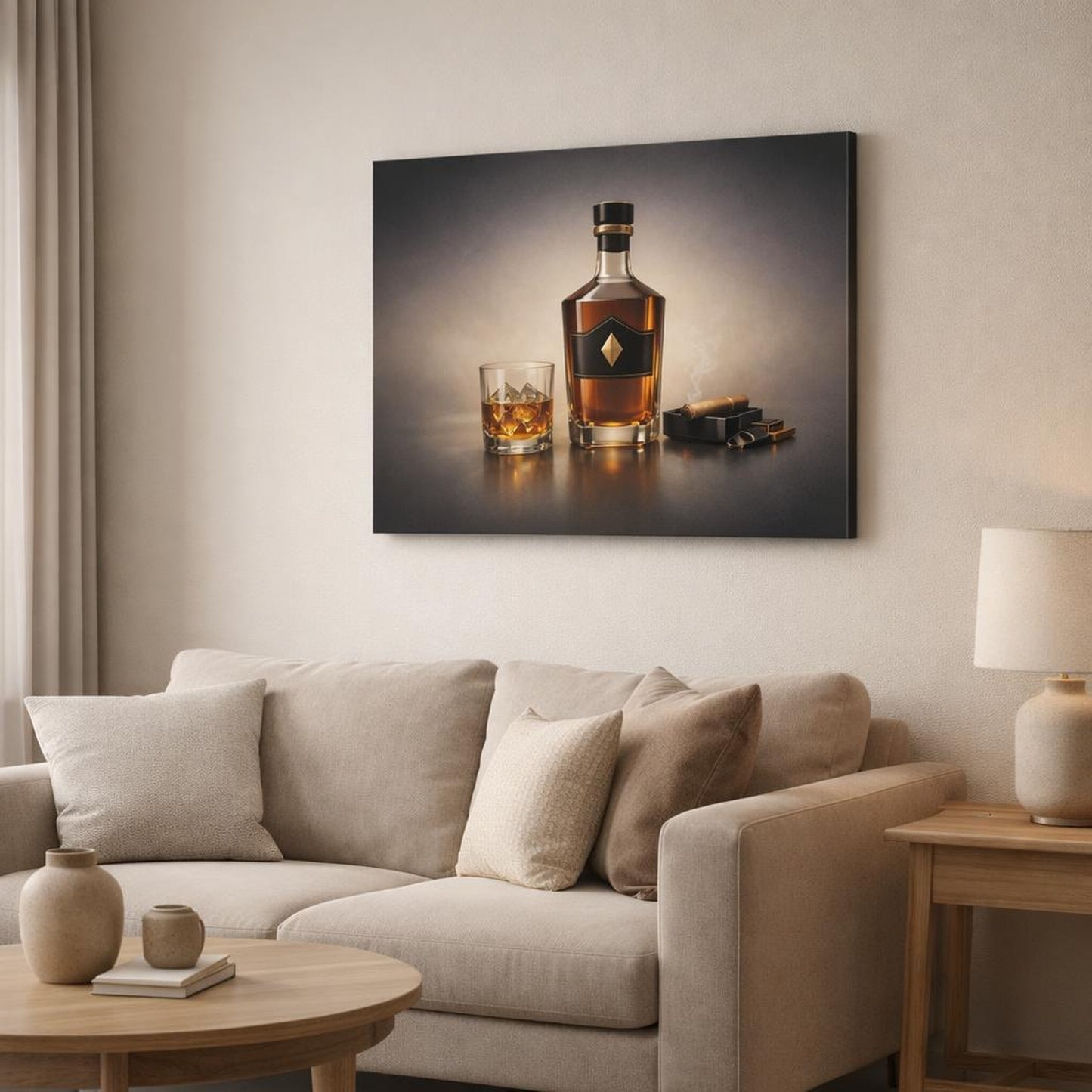 Mono Luxury Good Spirits shown as canvas wall art in a modern living room