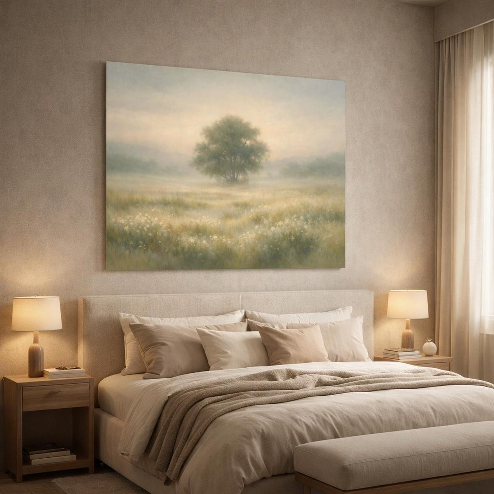 Mono Luxury Landscape Meadow shown as canvas wall art in a luxury bedroom
