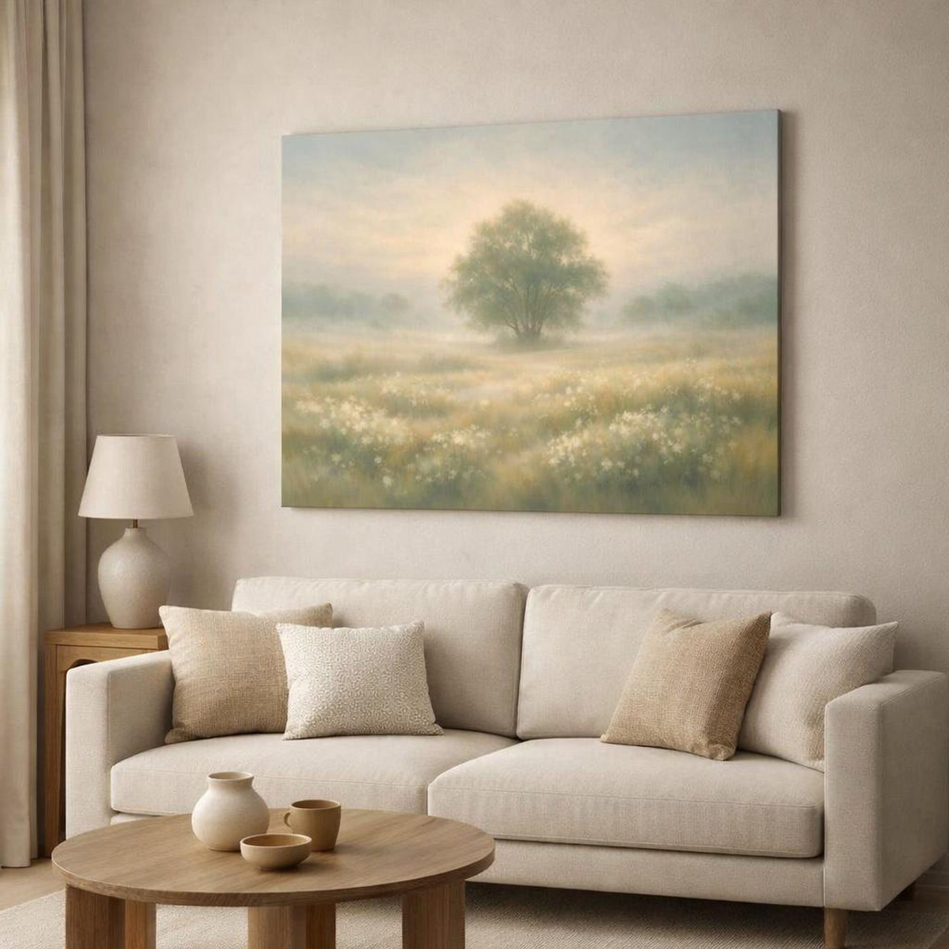 Mono Luxury Landscape Meadow shown as canvas wall art in a modern living room