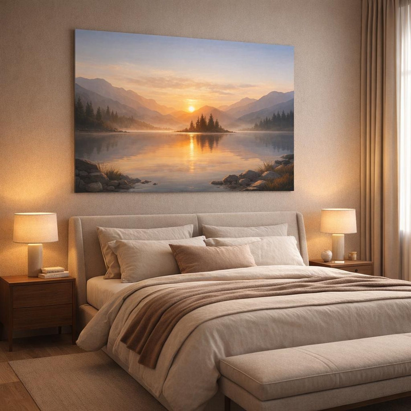 Mono Luxury Landscape Sunrise shown as canvas wall art in a luxury bedroom