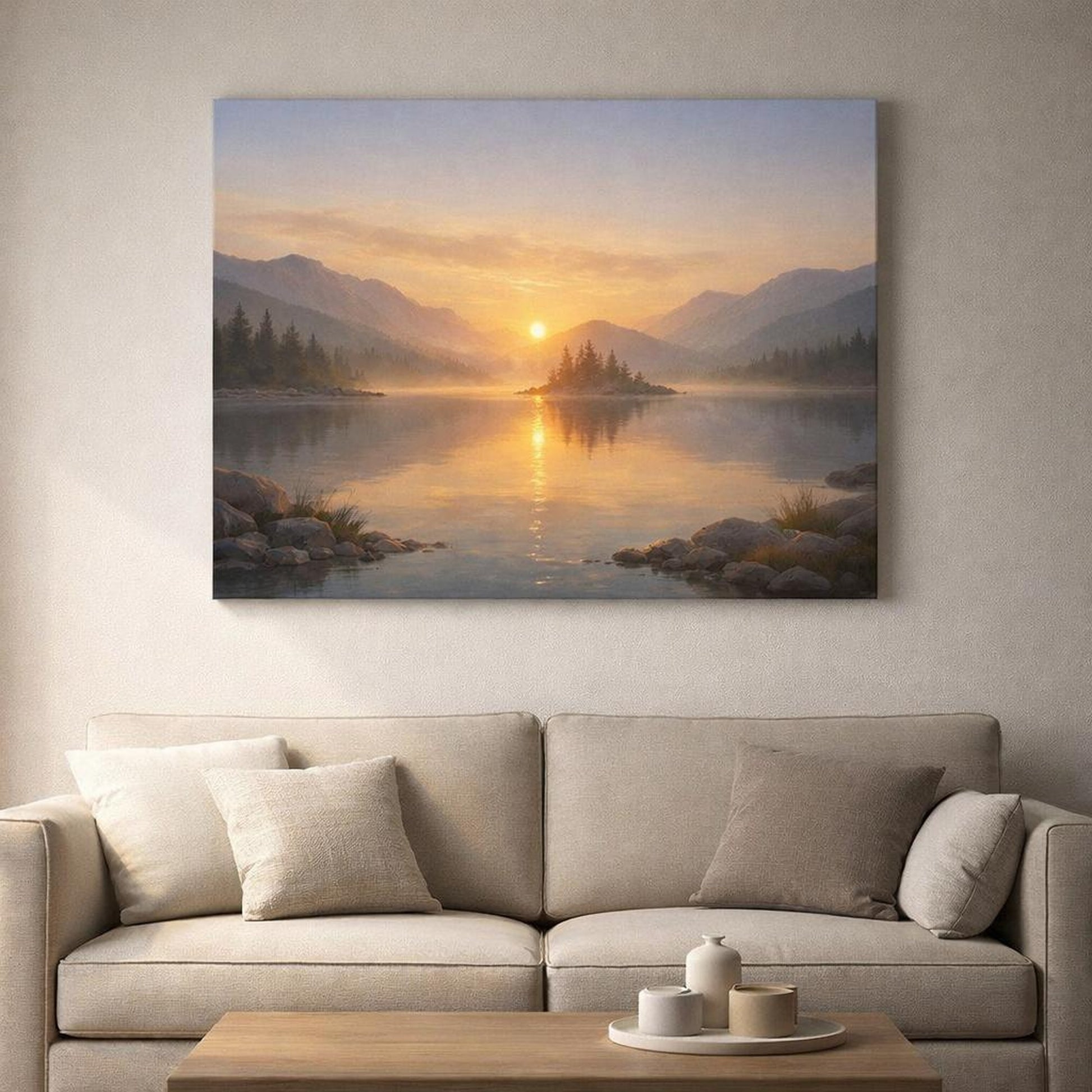 Mono Luxury Landscape Sunrise shown as canvas wall art in a refined dining room