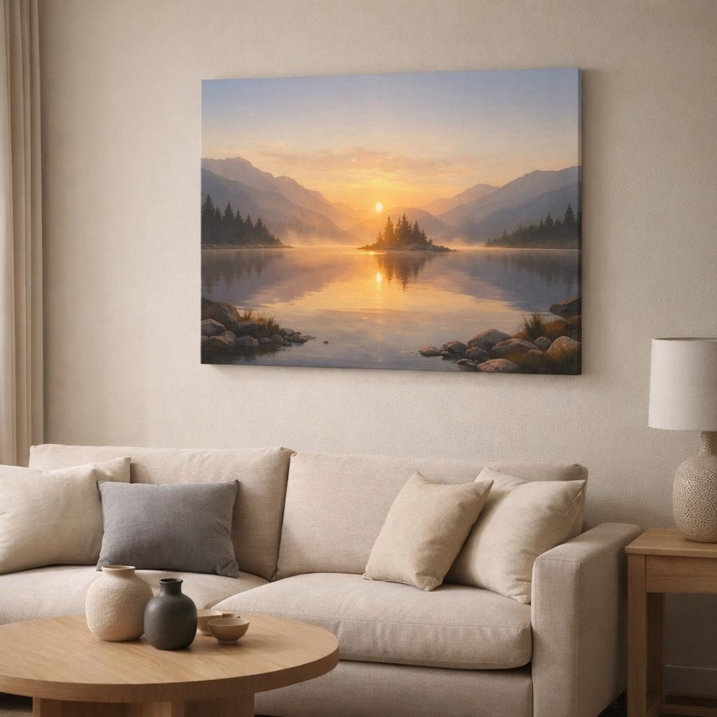 Mono Luxury Landscape Sunrise shown as canvas wall art in a modern living room