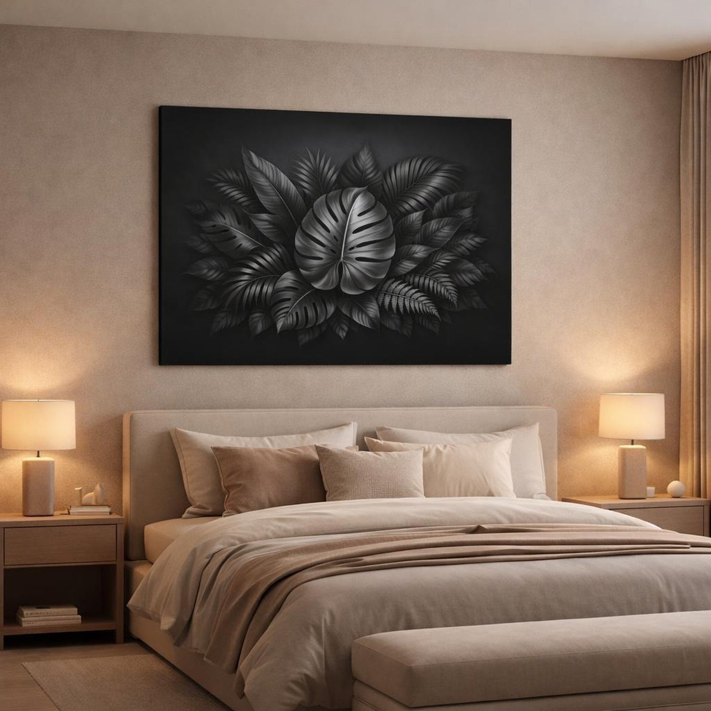 Mono Luxury Leaves Foliage shown as canvas wall art in a luxury bedroom