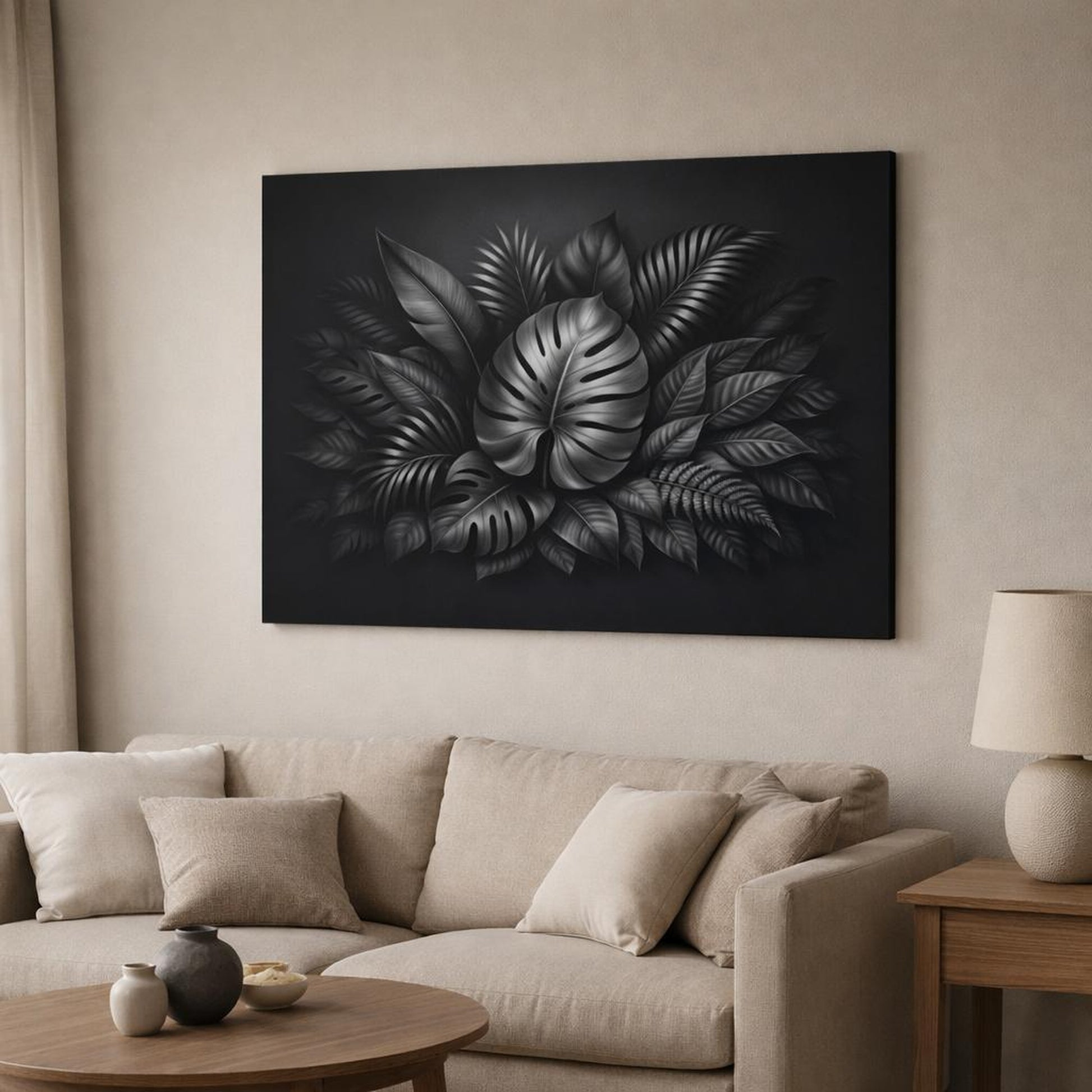 Mono Luxury Leaves Foliage shown as canvas wall art in a modern living room