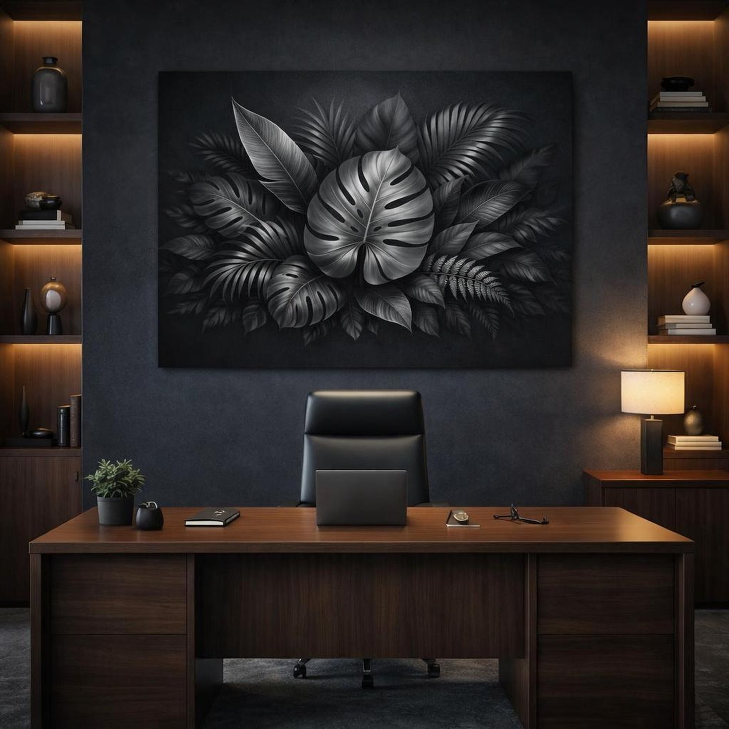 Mono Luxury Leaves Foliage shown as canvas wall art in a refined dining room