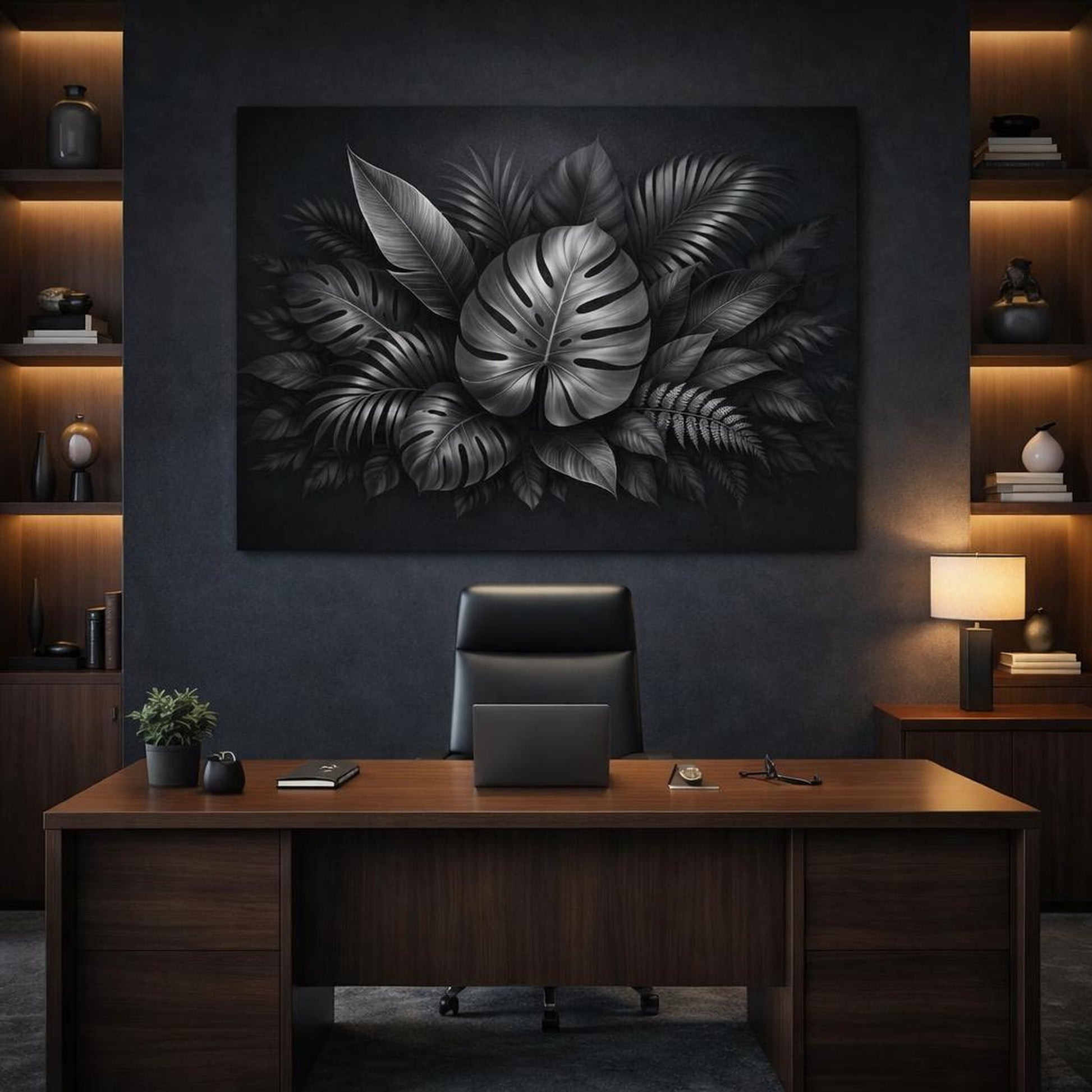 Mono Luxury Leaves Foliage shown as canvas wall art in a refined dining room