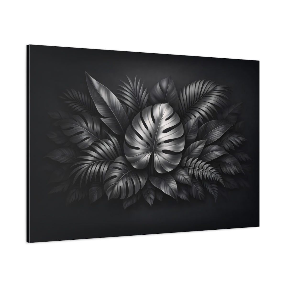 Mono Luxury Leaves Foliage shown as stretched canvas wall art