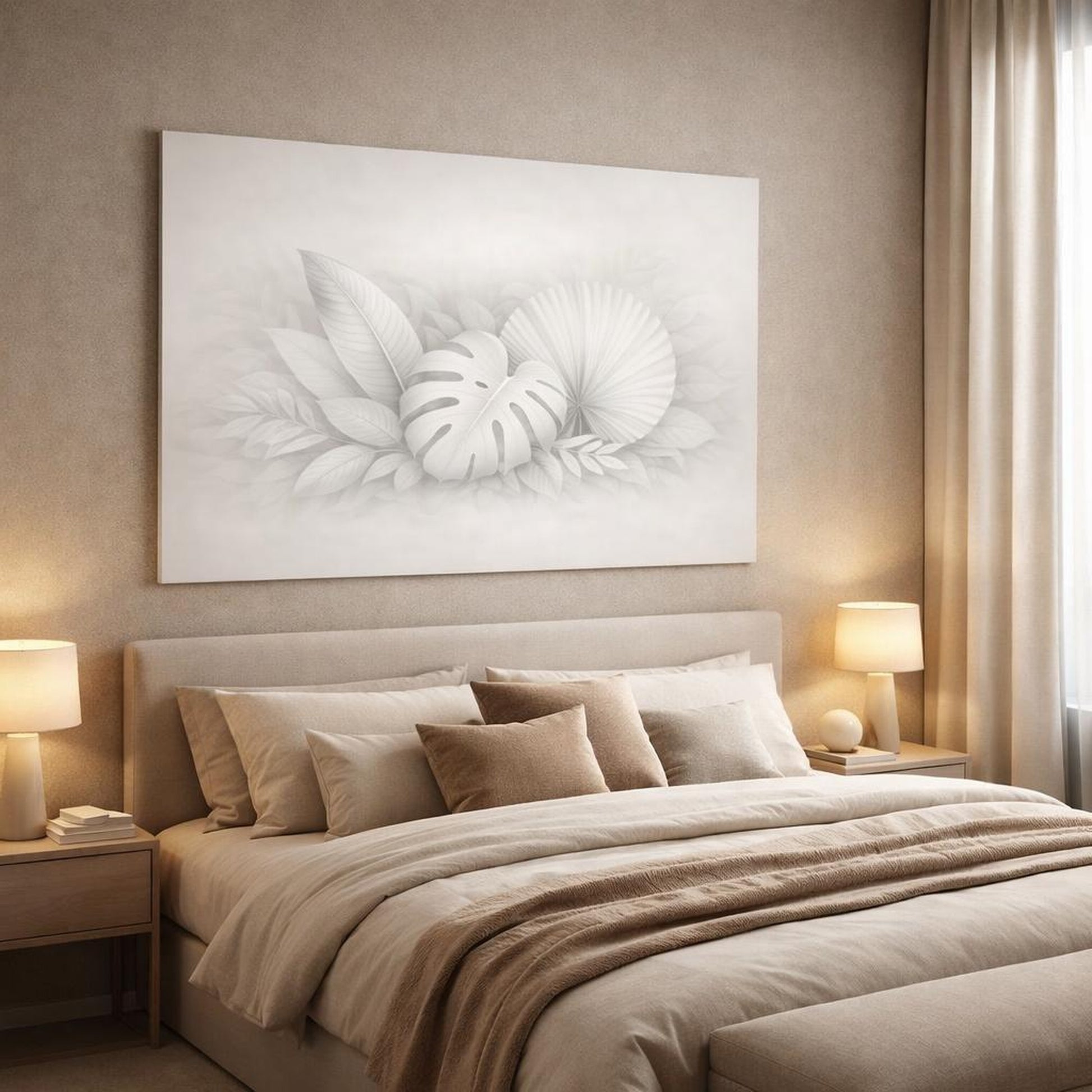 Mono Luxury Leaves Neutral shown as canvas wall art in a luxury bedroom