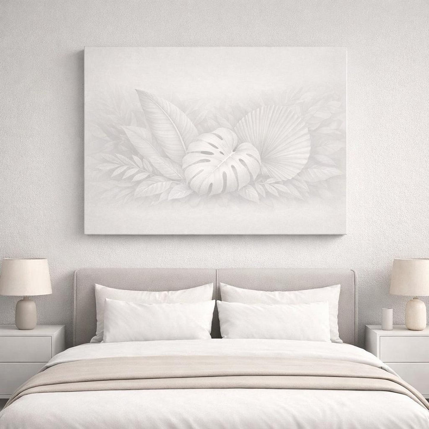 Mono Luxury Leaves Neutral shown as canvas wall art in a refined dining room