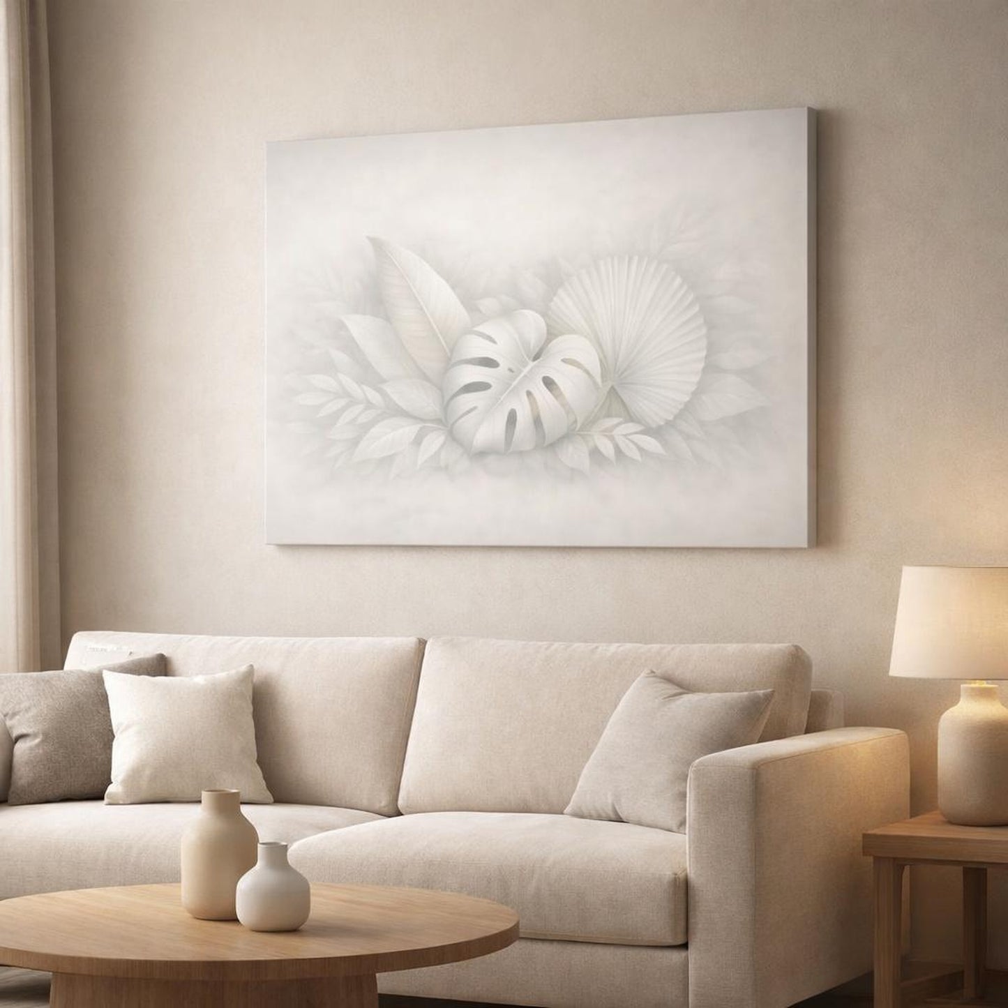 Mono Luxury Leaves Neutral shown as canvas wall art in a modern living room