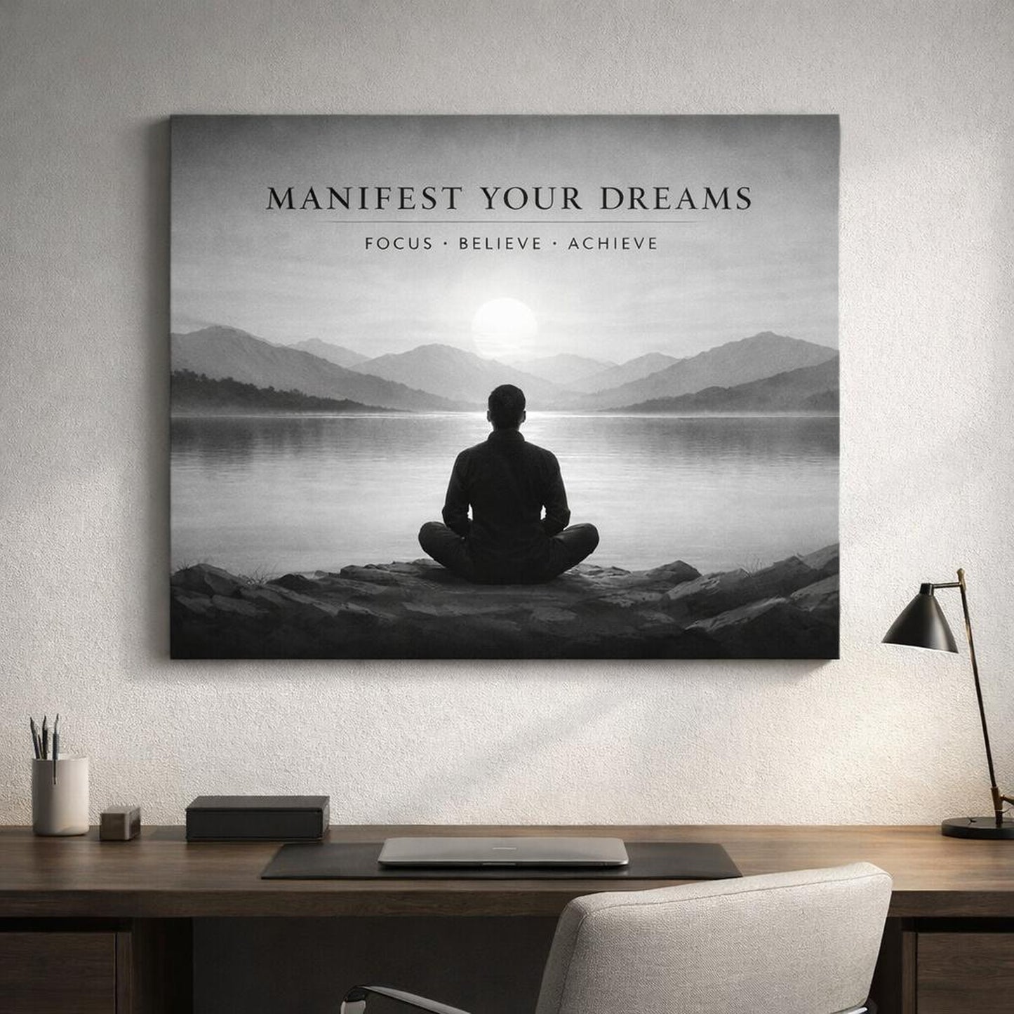 Mono Luxury Motivational Quote shown as canvas wall art in a refined dining room