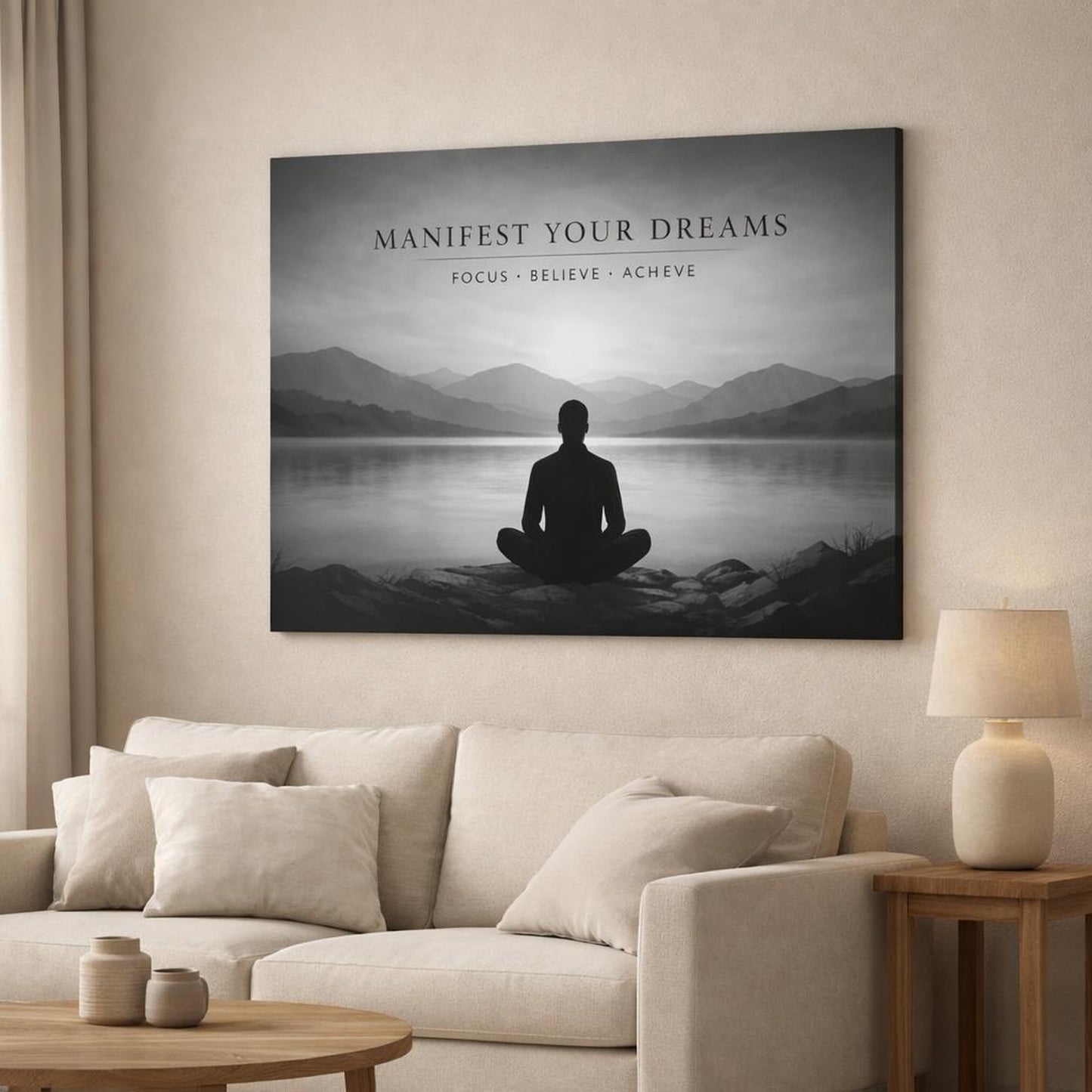 Mono Luxury Motivational Quote shown as canvas wall art in a modern living room