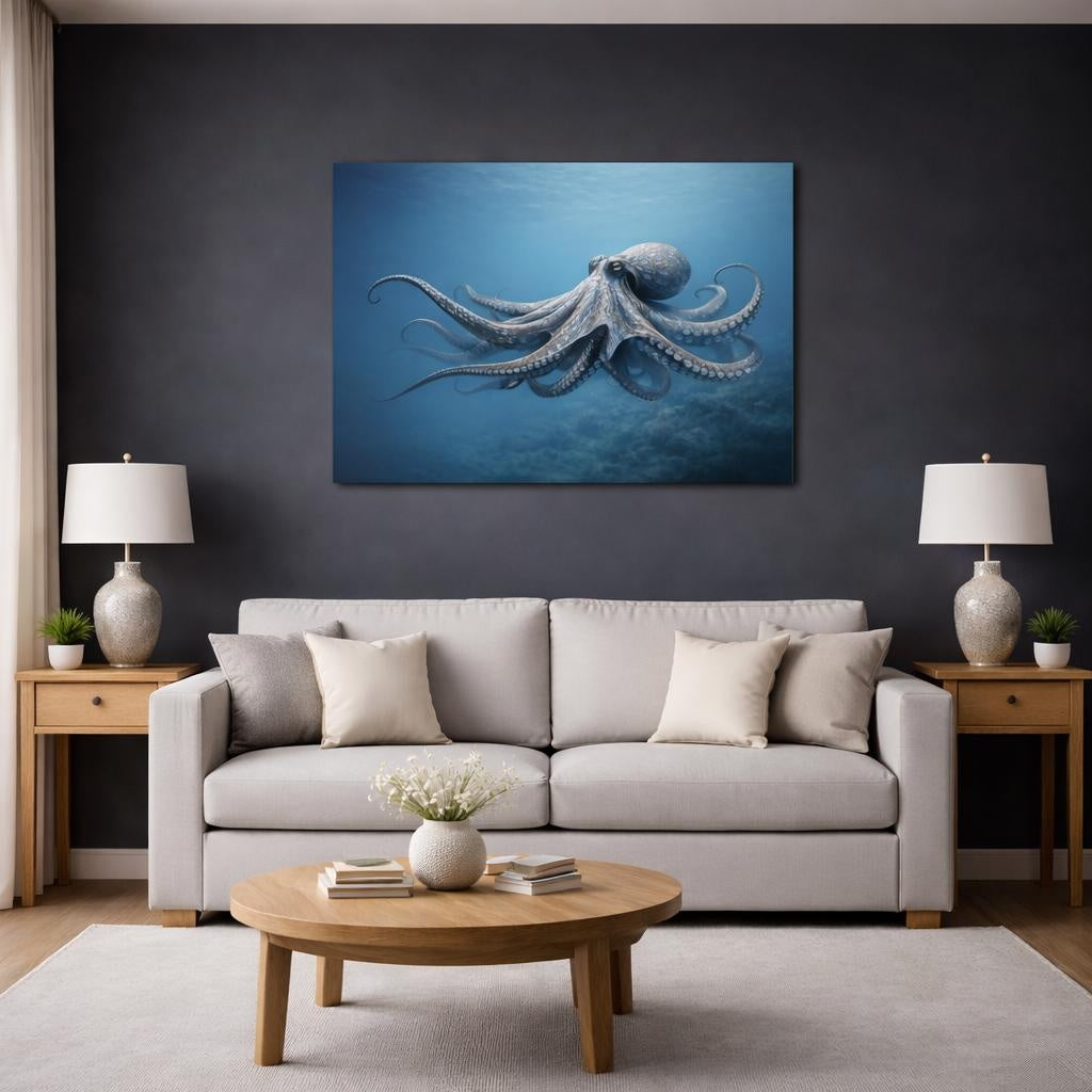 Mono Luxury Octopus shown as canvas wall art in a modern living room