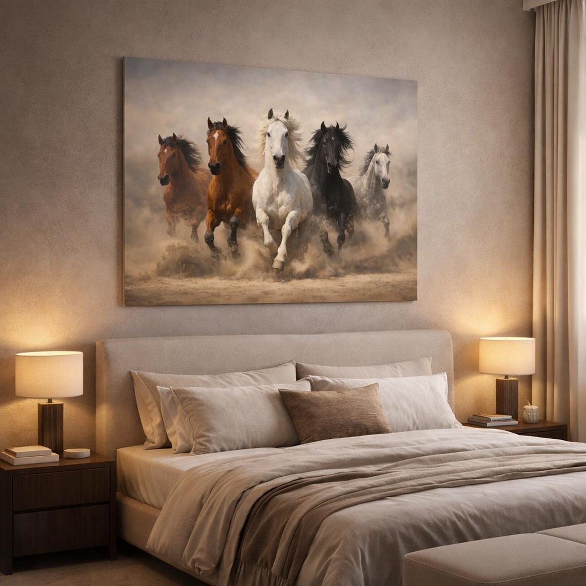Mono Luxury Running Horses shown as canvas wall art in a luxury bedroom