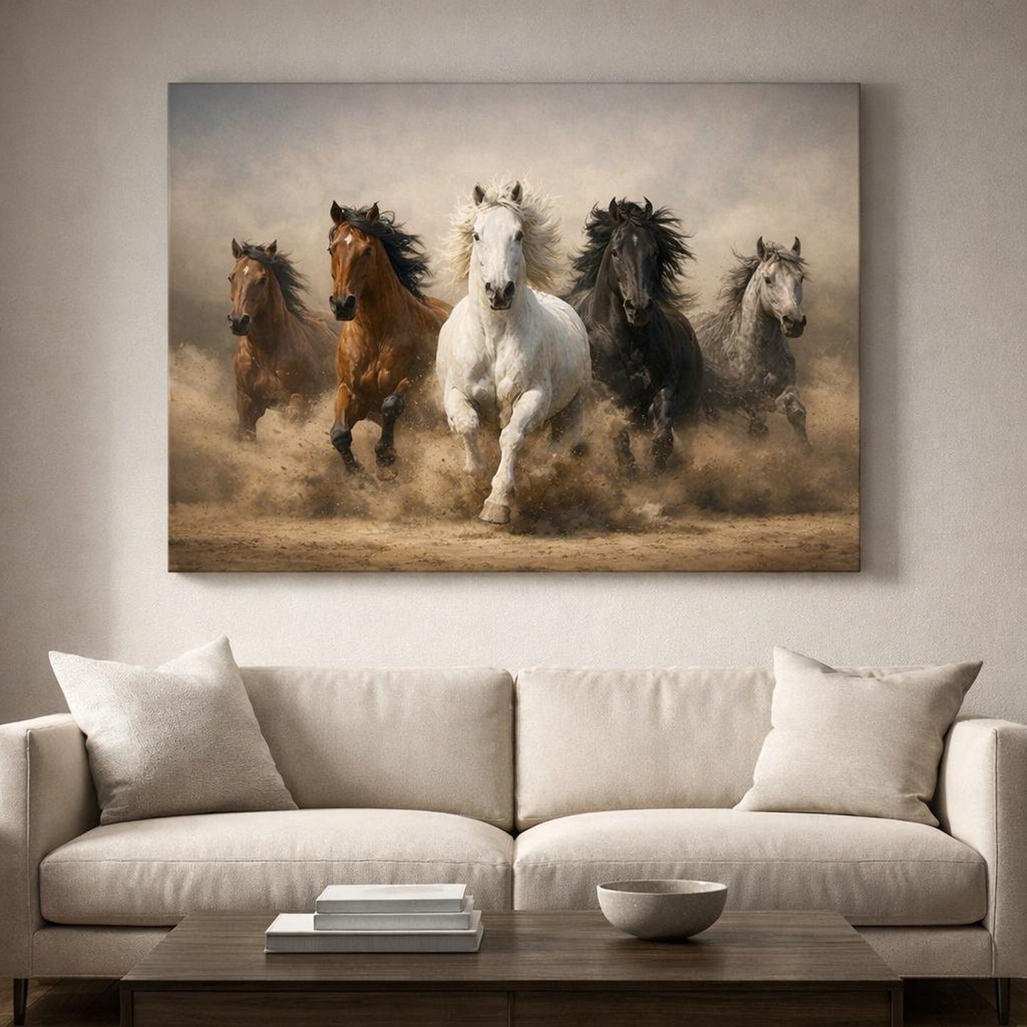 Mono Luxury Running Horses shown as canvas wall art in a refined dining room