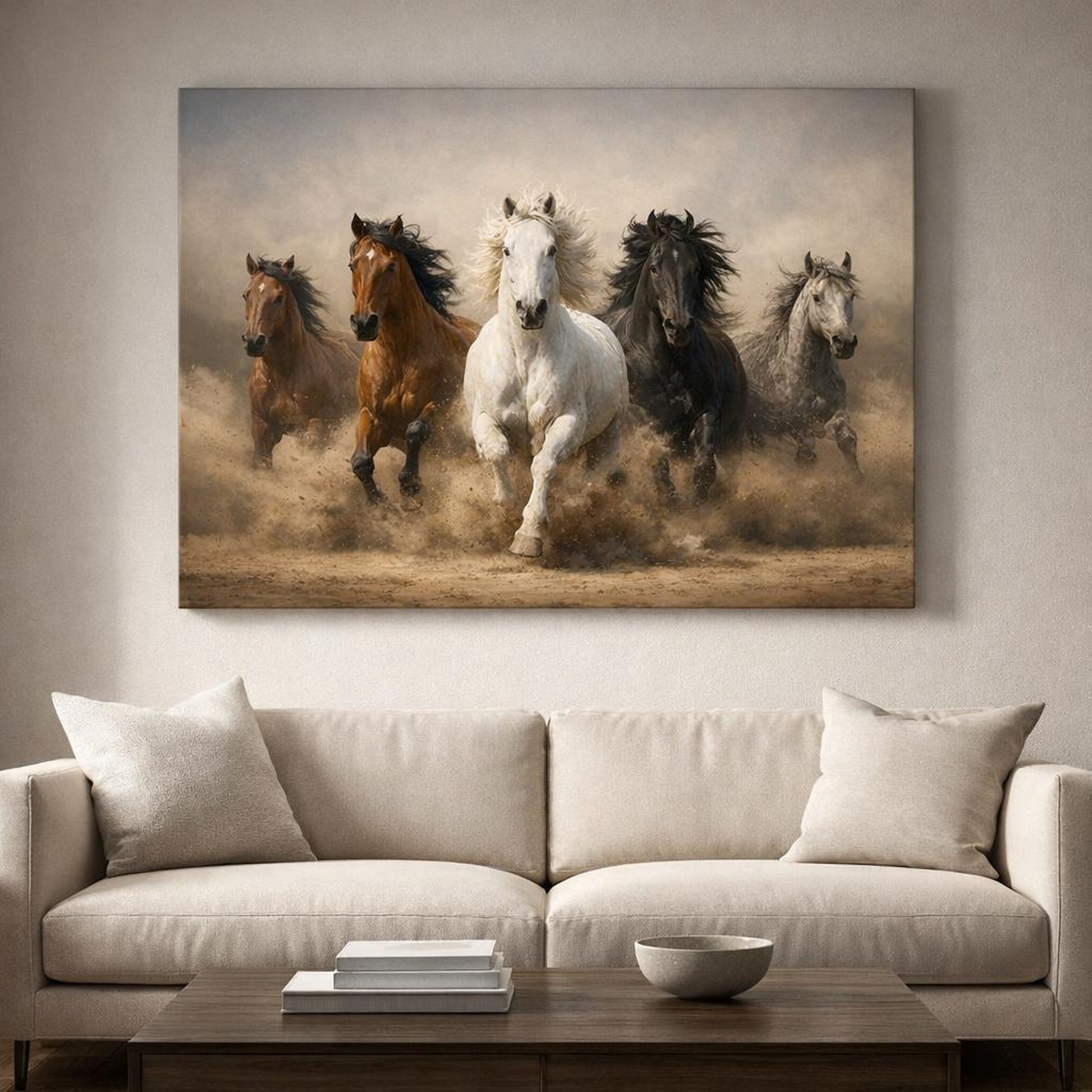 Mono Luxury Running Horses shown as canvas wall art in a refined dining room