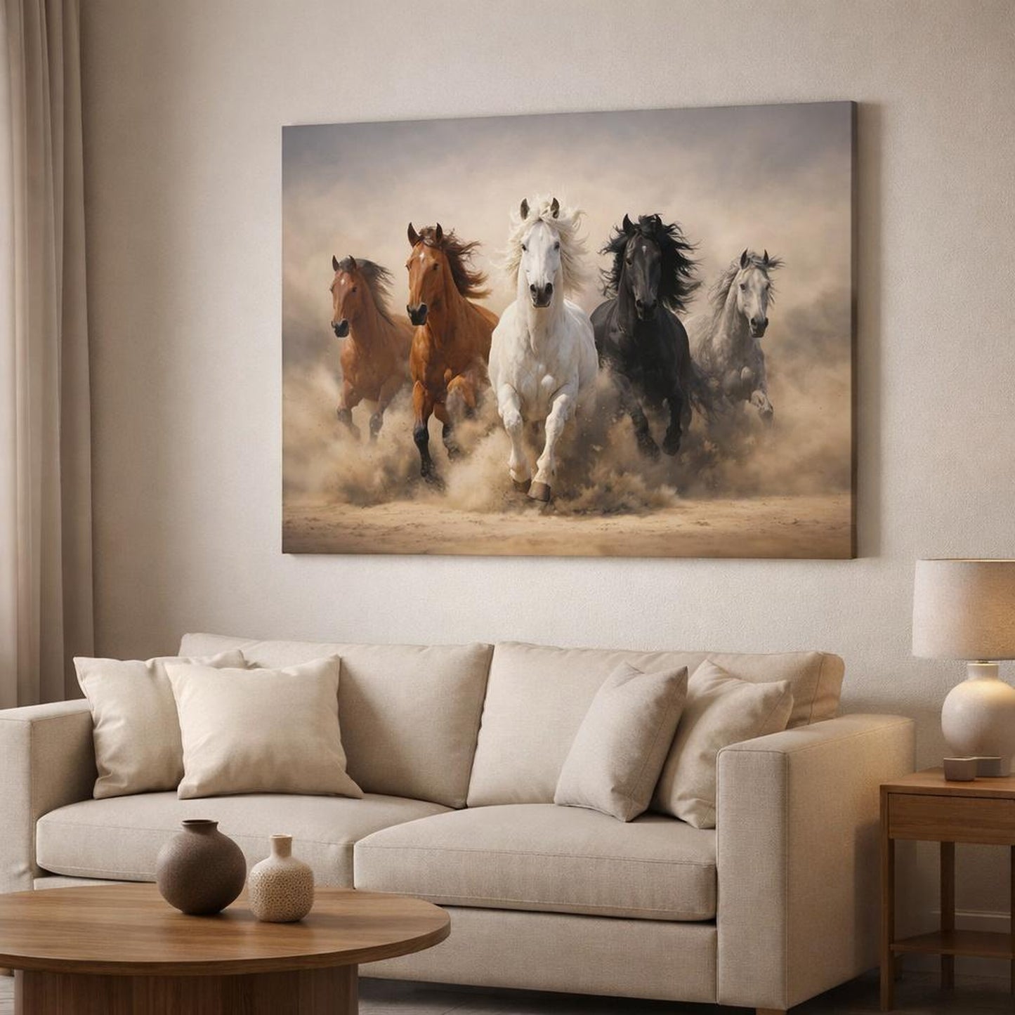 Mono Luxury Running Horses shown as canvas wall art in a modern living room