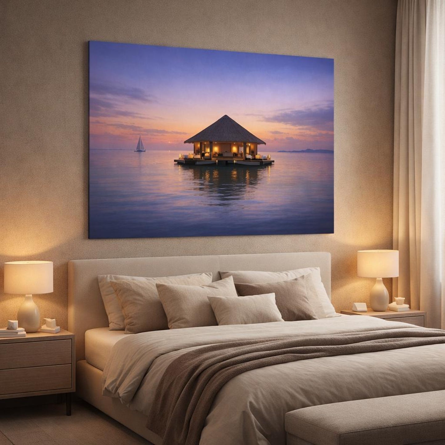 Mono Luxury Seascape Evening shown as canvas wall art in a luxury bedroom