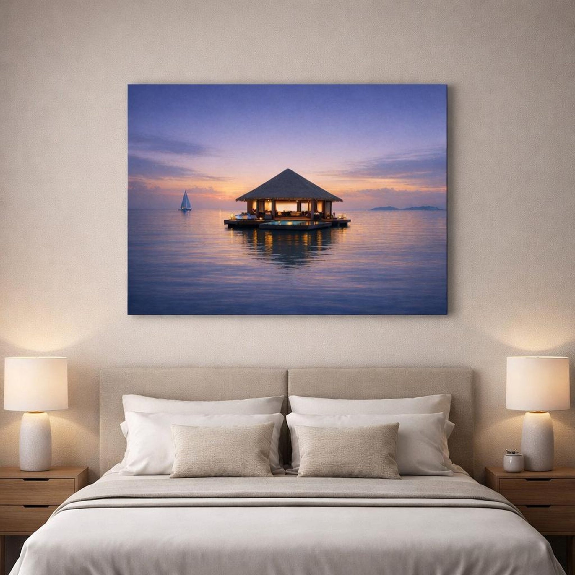 Mono Luxury Seascape Evening shown as canvas wall art in a refined dining room