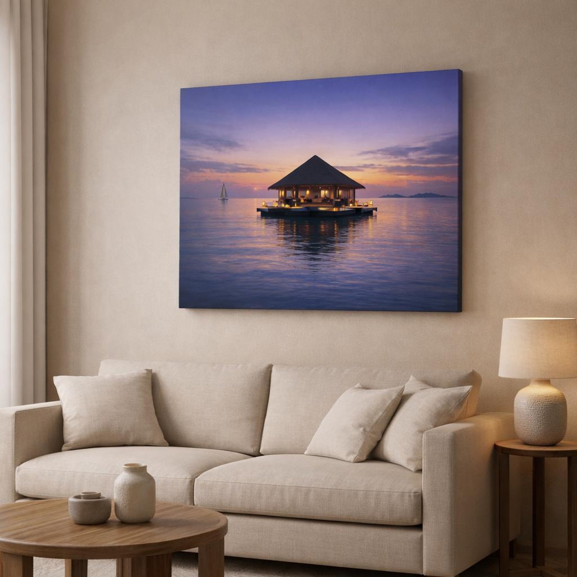 Mono Luxury Seascape Evening shown as canvas wall art in a modern living room