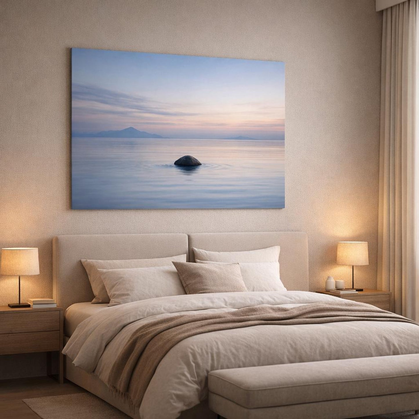 Mono Luxury Seascape Peaceful shown as canvas wall art in a luxury bedroom