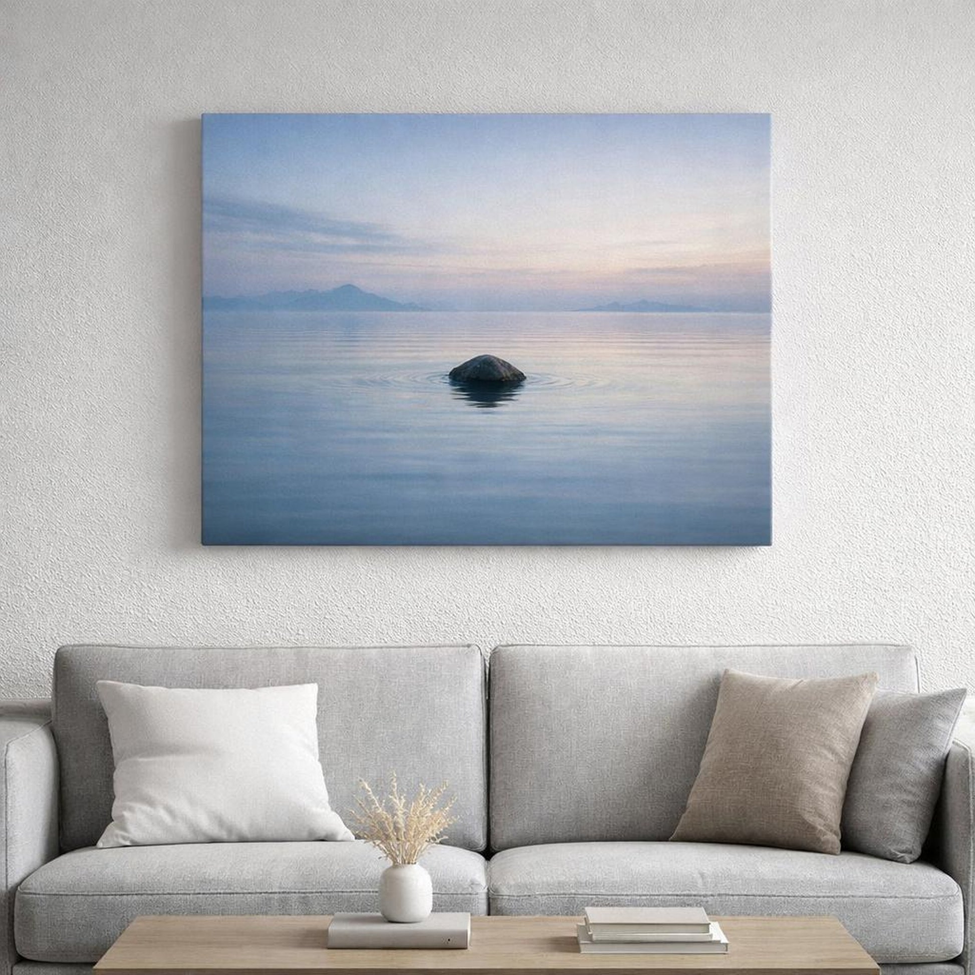 Mono Luxury Seascape Peaceful shown as canvas wall art in a refined dining room