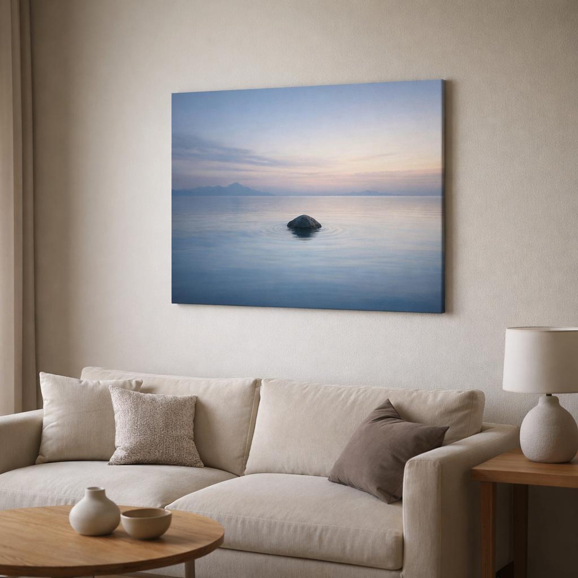 Mono Luxury Seascape Peaceful shown as canvas wall art in a modern living room