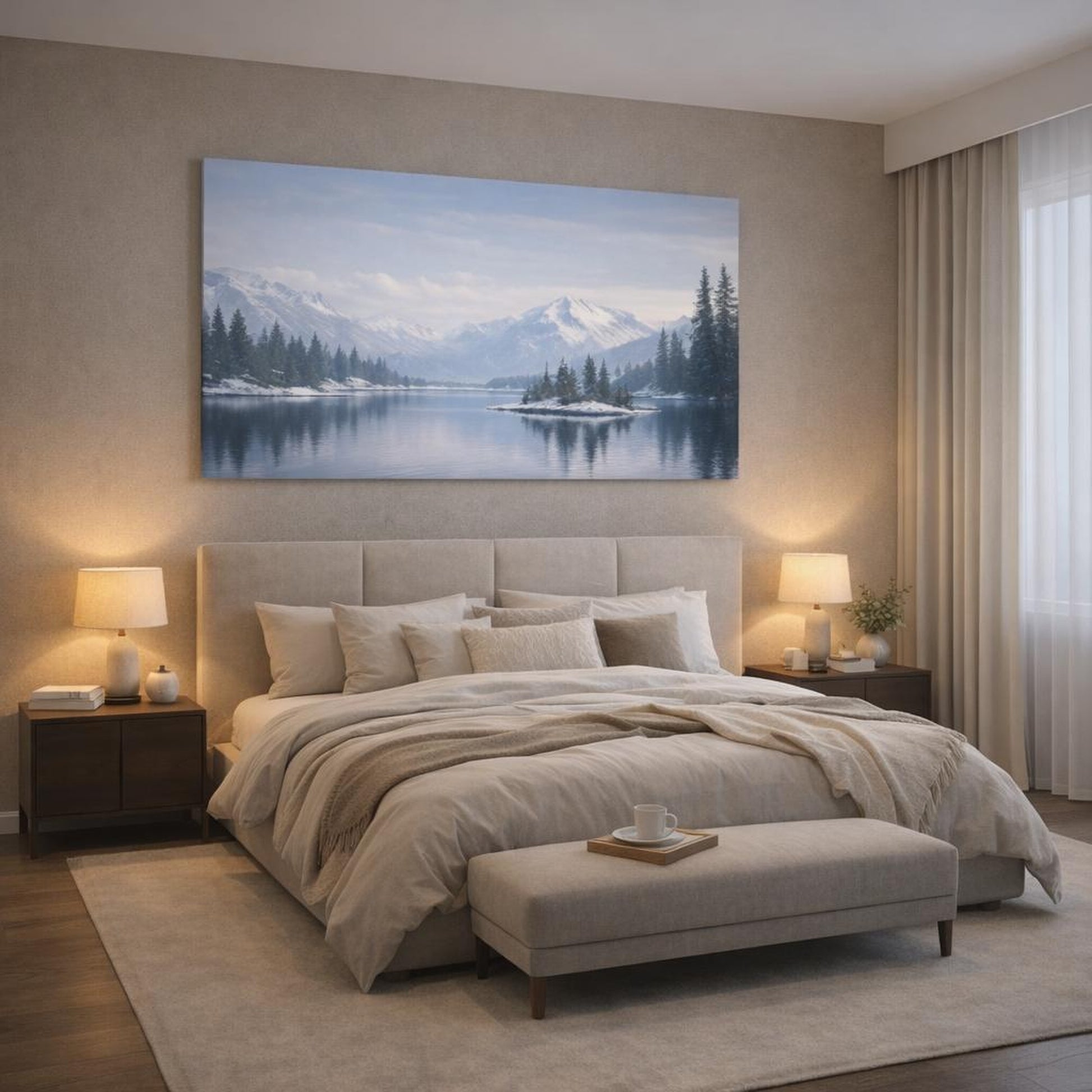 Mono Luxury Winter Lake shown as canvas wall art in a luxury bedroom